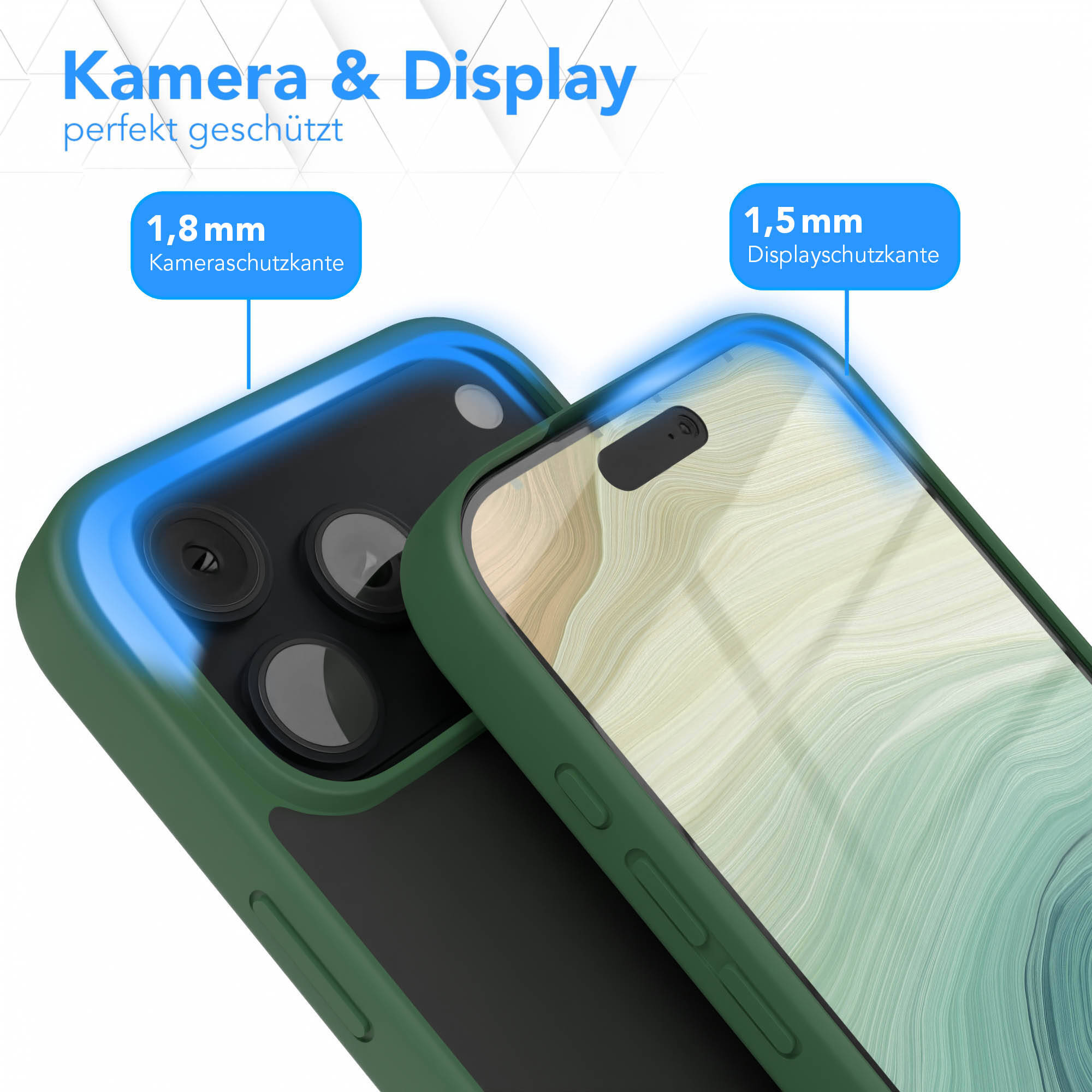 Smartphone in grüner Schutzhülle mit Maßangaben für Kamera- und Displayschutz.