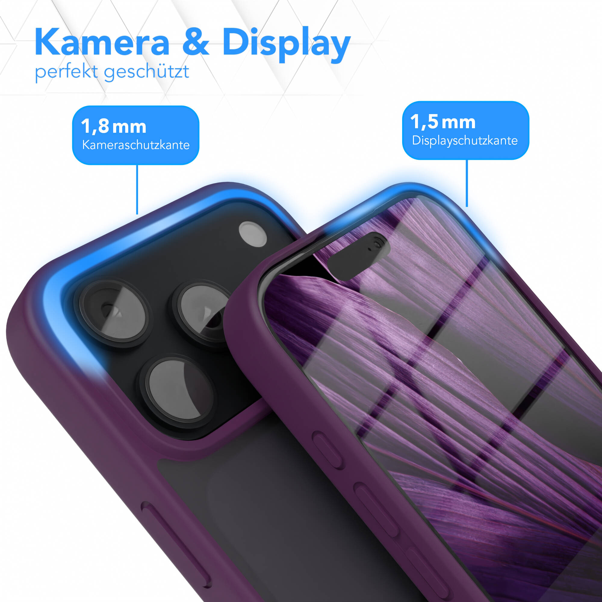Smartphone in lila Hülle mit 1,8 mm Kameraschutzkante und 1,5 mm Displayschutzkante gegen Stöße.