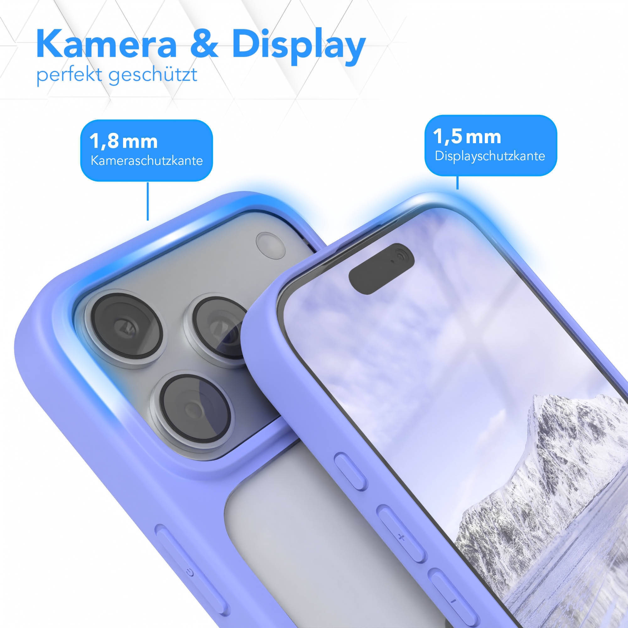 Blaue Smartphone-Hülle zeigt Schutzrand für Kamera und Display mit Maßangaben.