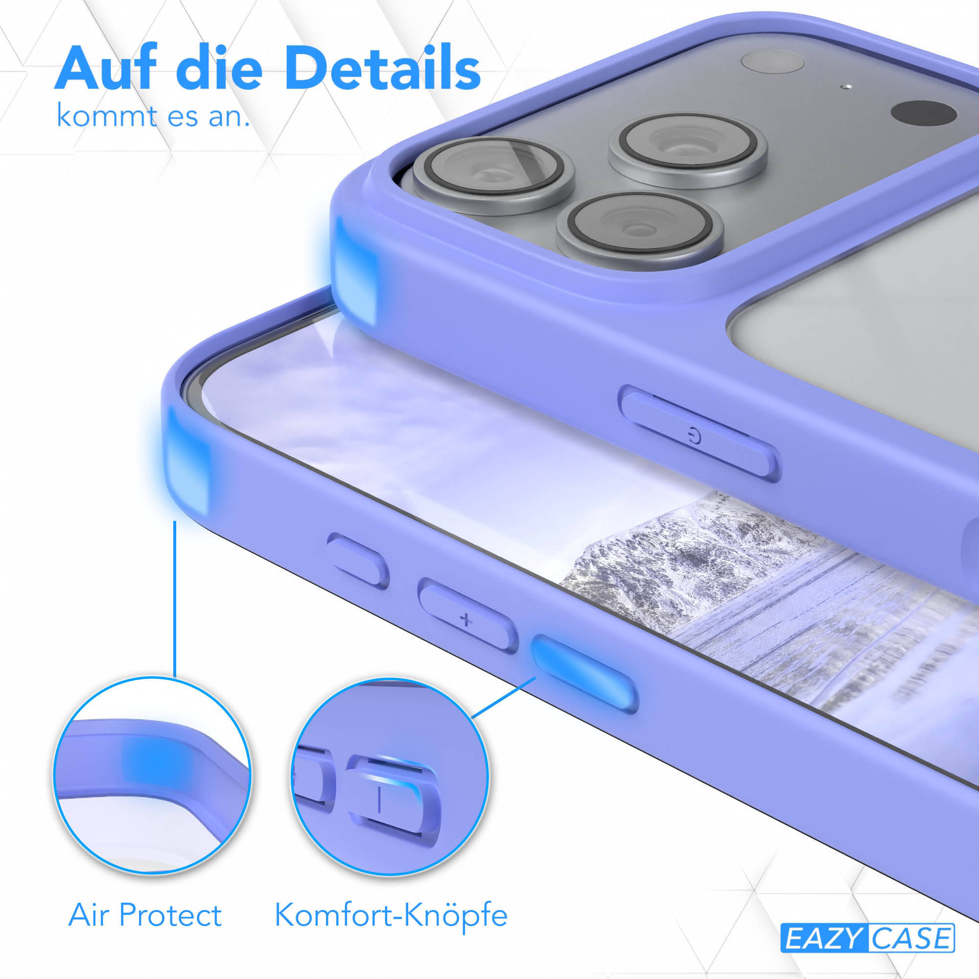 Lila Schutzhülle mit Air Protect-Ecken und komfortablen Knöpfen für ein Smartphone.