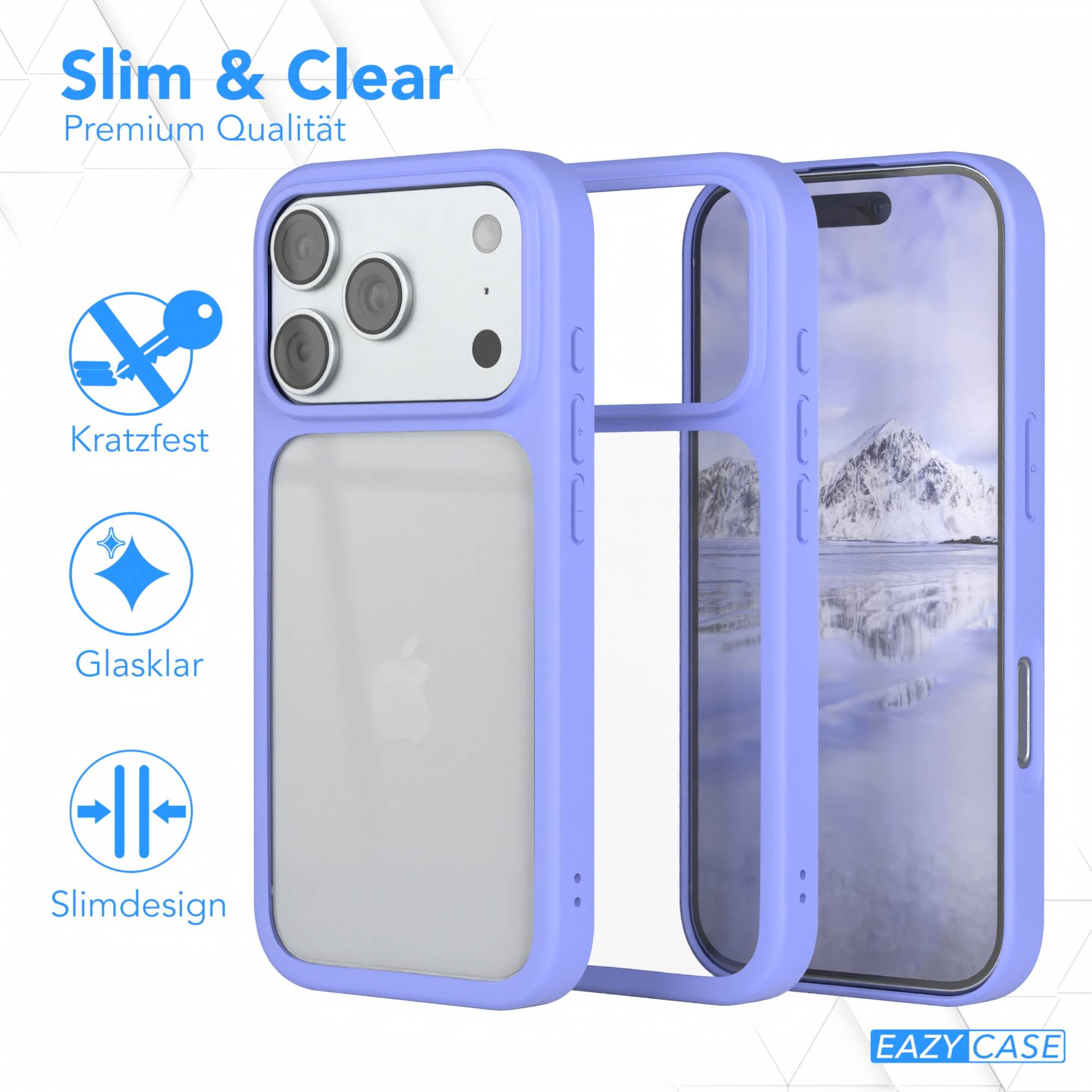 Lila Handyhülle mit klarer Rückseite, Kratzfestigkeit und schlankem Design für das iPhone.