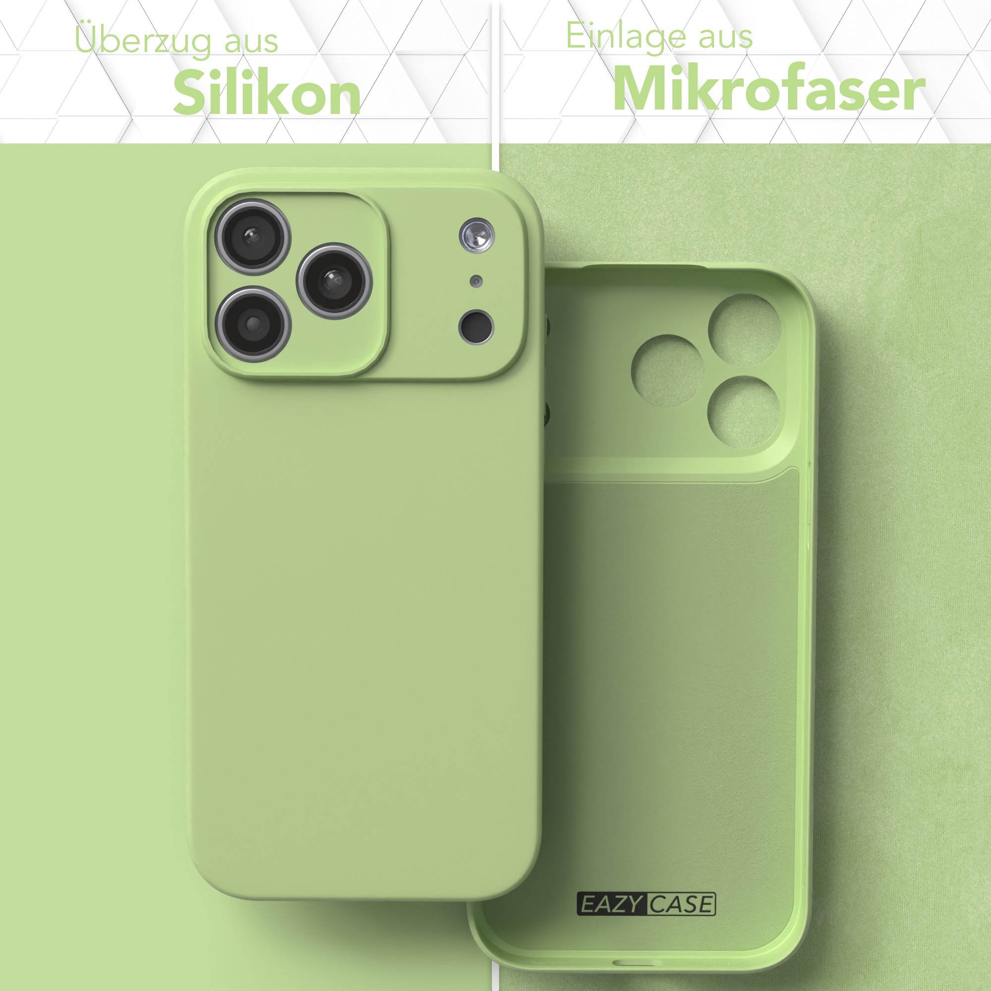 Hellgrüne Handyhülle mit Silikonüberzug und Mikrofaser-Einlage vor grünem Hintergrund.