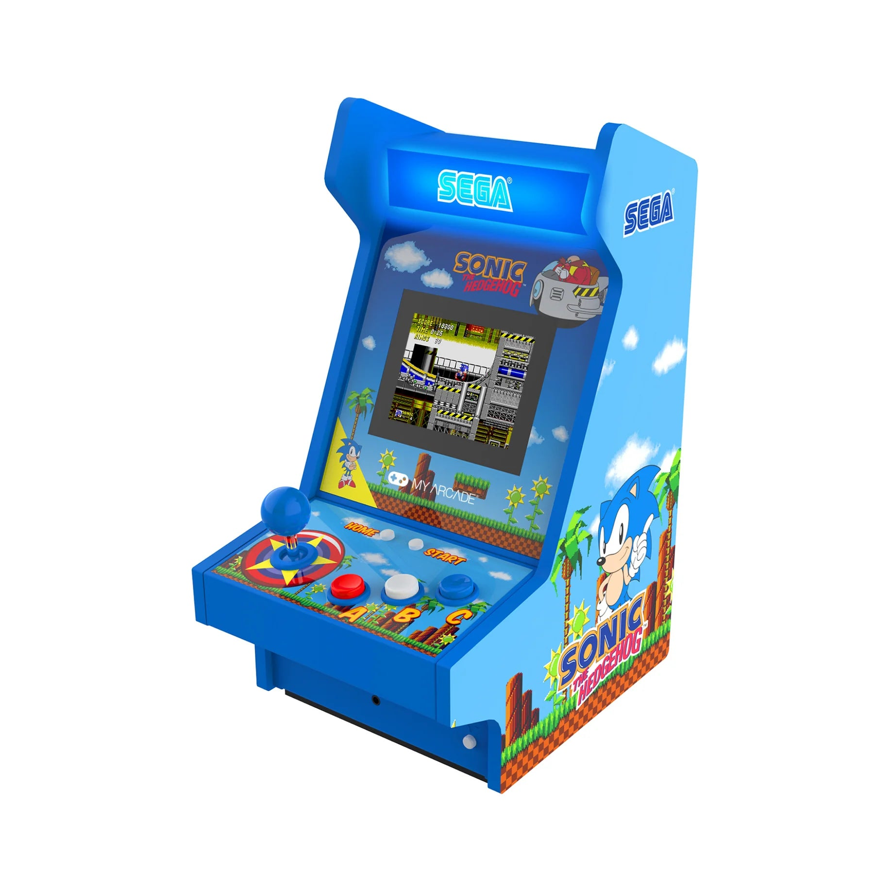 Un mini cabinato arcade blu di Sonic con schermo, joystick e pulsanti d'azione.
