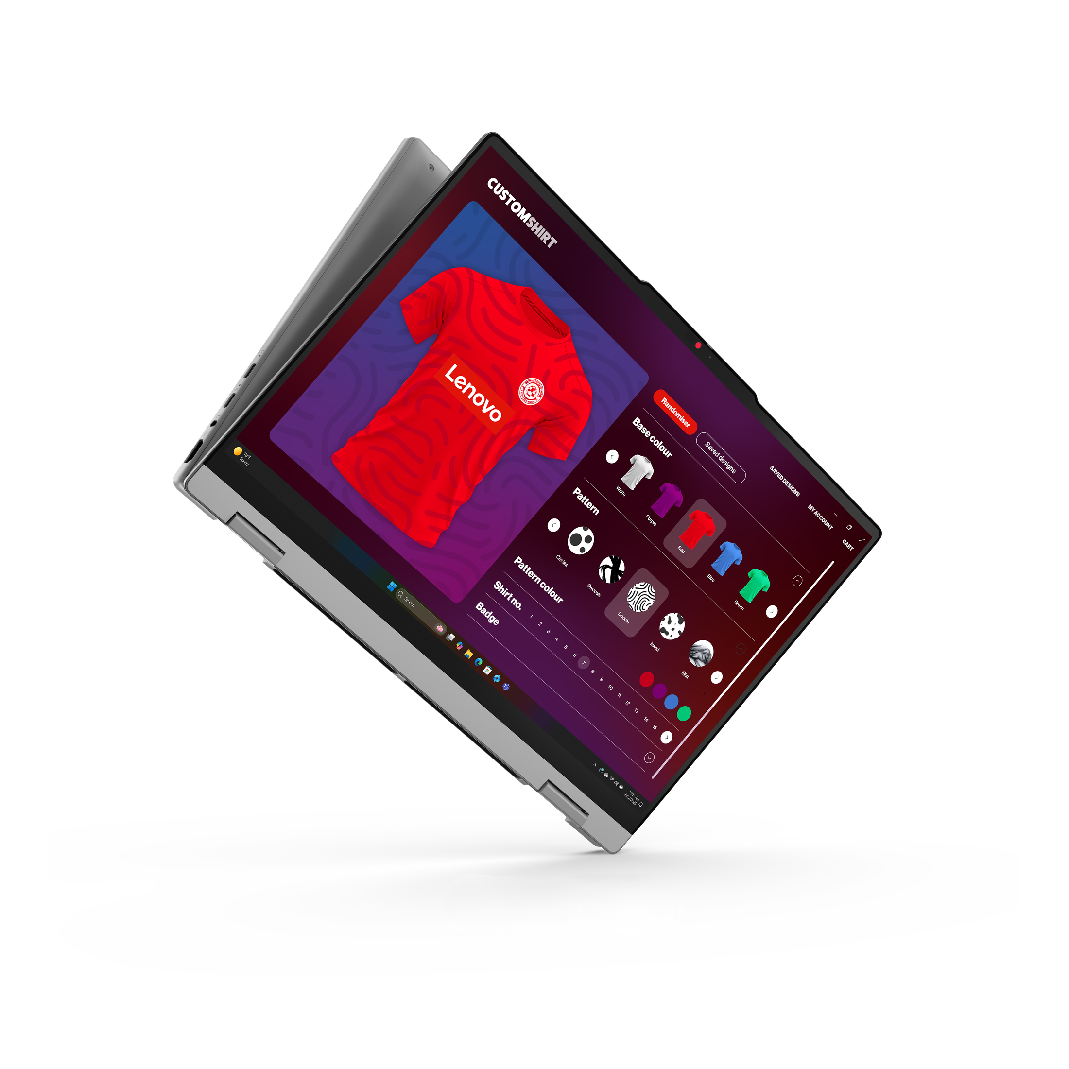 Ein Laptop in Schräglage zeigt ein Shirt-Anpassungsprogramm mit einem roten Lenovo-T-Shirt.