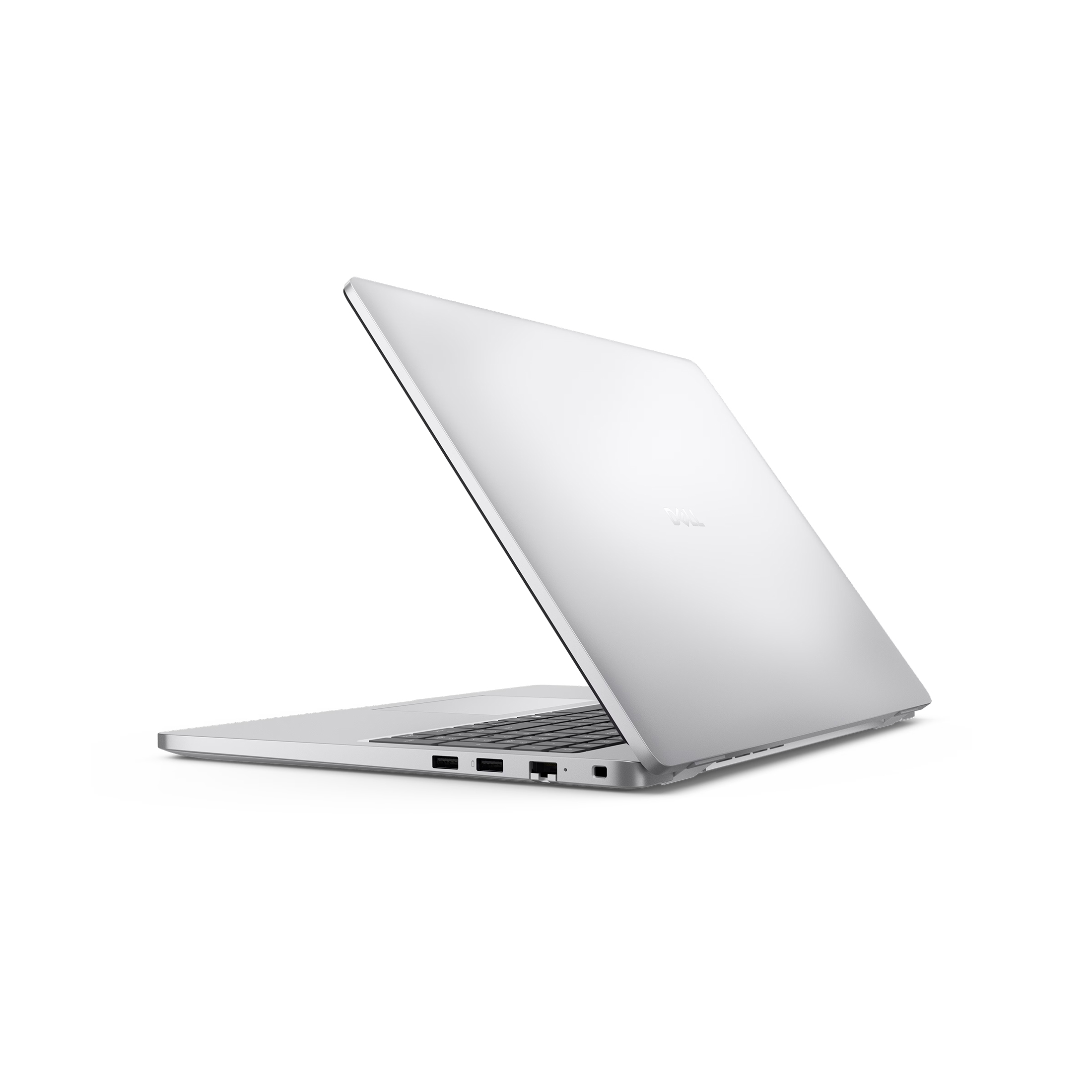 Ein silberner Laptop steht offen auf einer weißen Oberfläche, die rechte Seite mit Anschlüssen ist sichtbar.