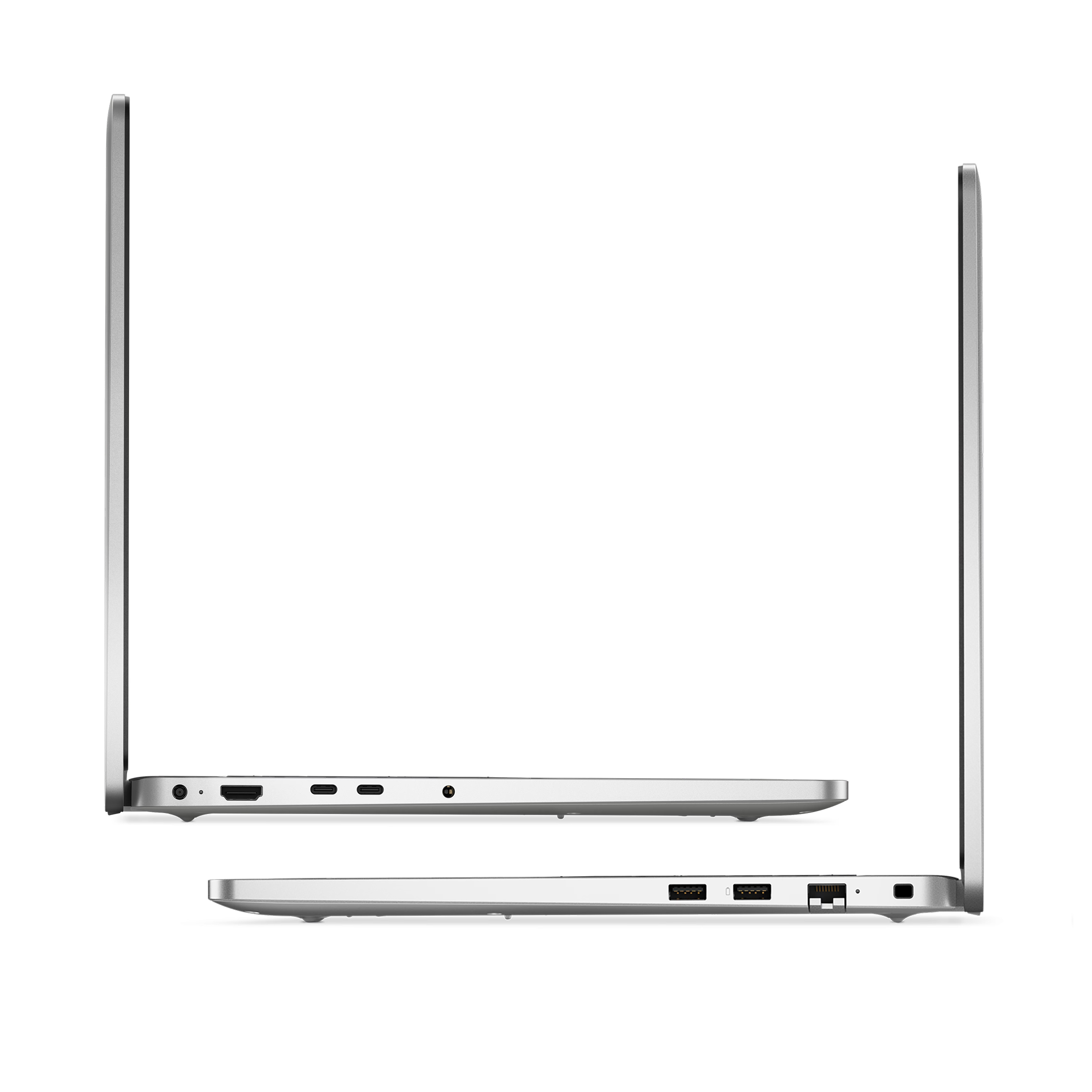 Linke und rechte Seite eines silbernen Laptops mit Anschlüssen auf weißem Hintergrund.