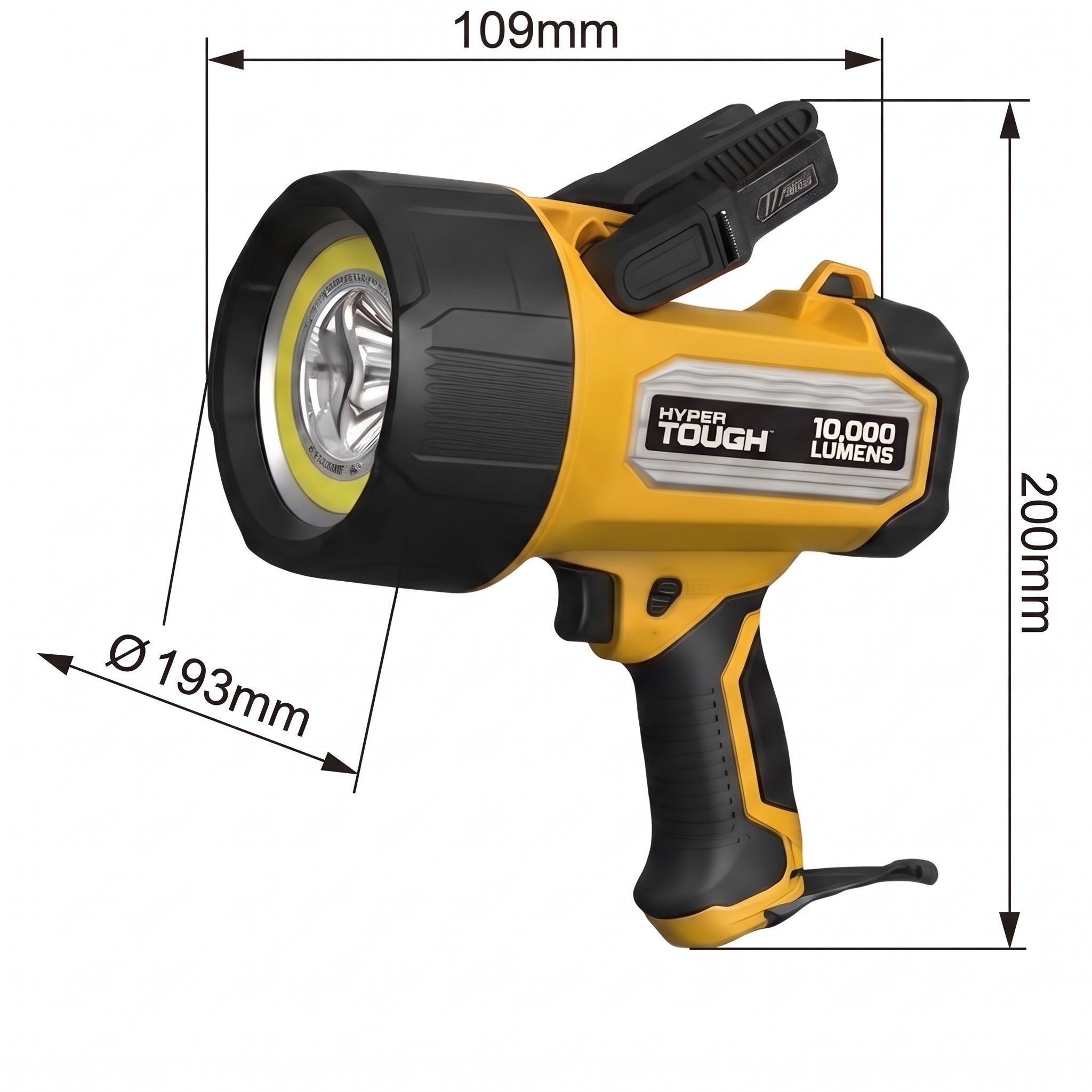 Foco Hyper Tough de 10,000 lúmenes amarillo y negro con medidas de dimensión sobre fondo blanco.