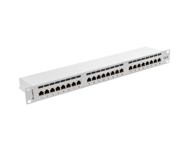 Ein weißes Cat.6-Netzwerk-Patchpanel mit vierundzwanzig nummerierten Anschlüssen.