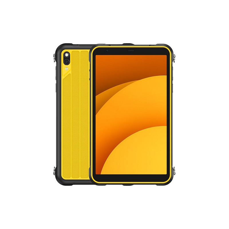 Un tablet robusto giallo e nero mostrato frontalmente e posteriormente su sfondo bianco.