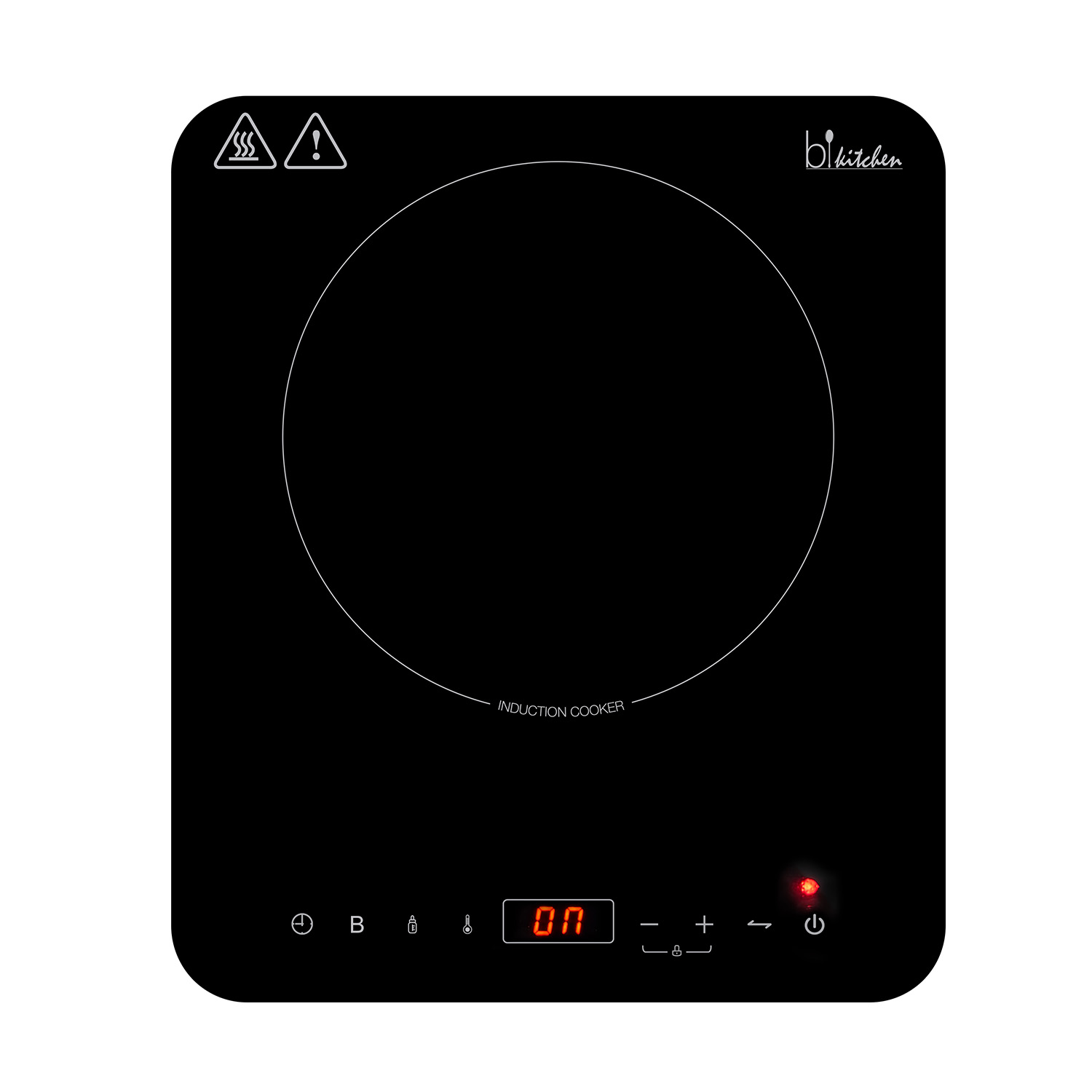 Schwarzes Einzel-Induktionskochfeld mit digitalem Display und Touch-Bedienfeld.