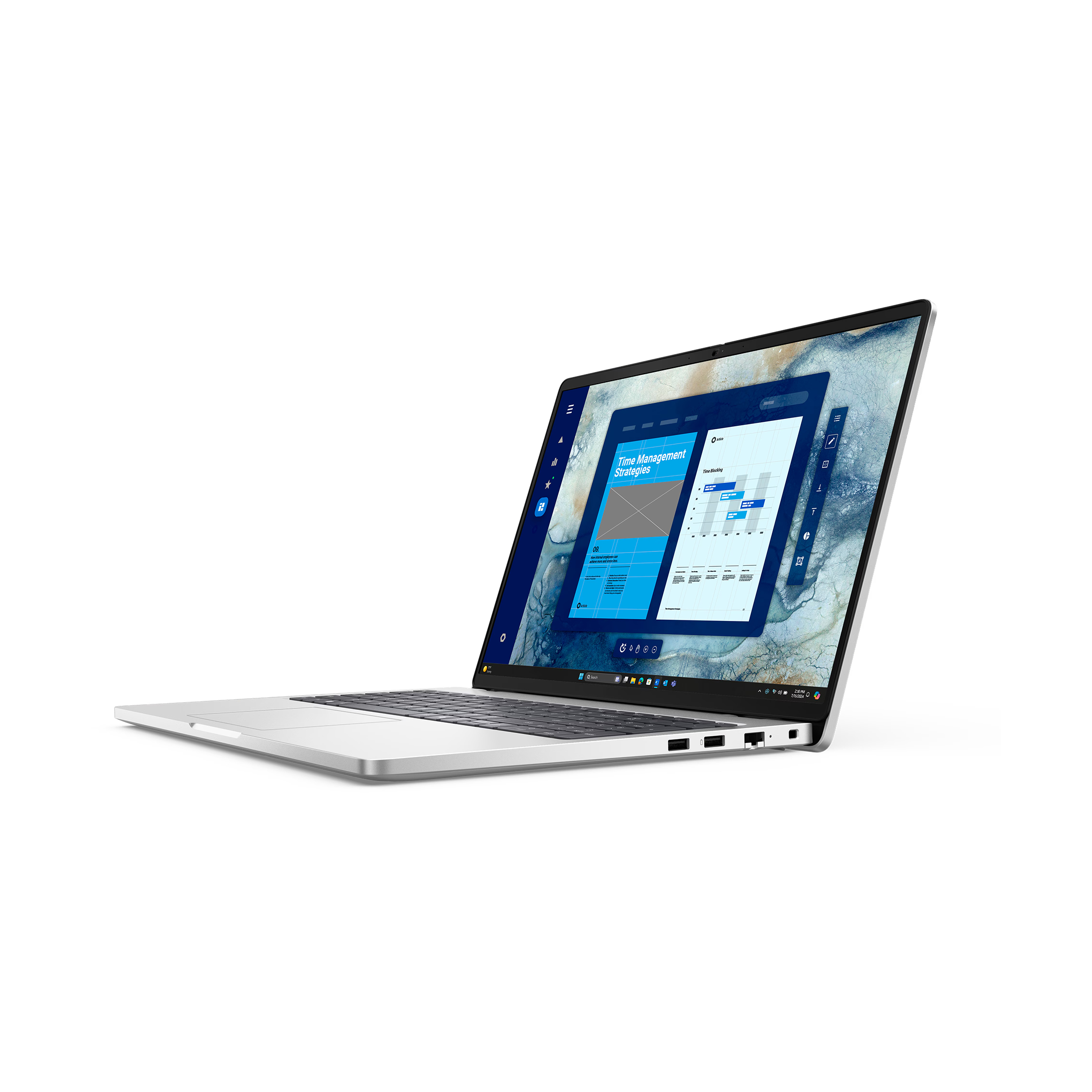 Ein silberner Laptop im Winkel zeigt ein offenes blaues Dokument auf dem Bildschirm vor weißem Hintergrund.