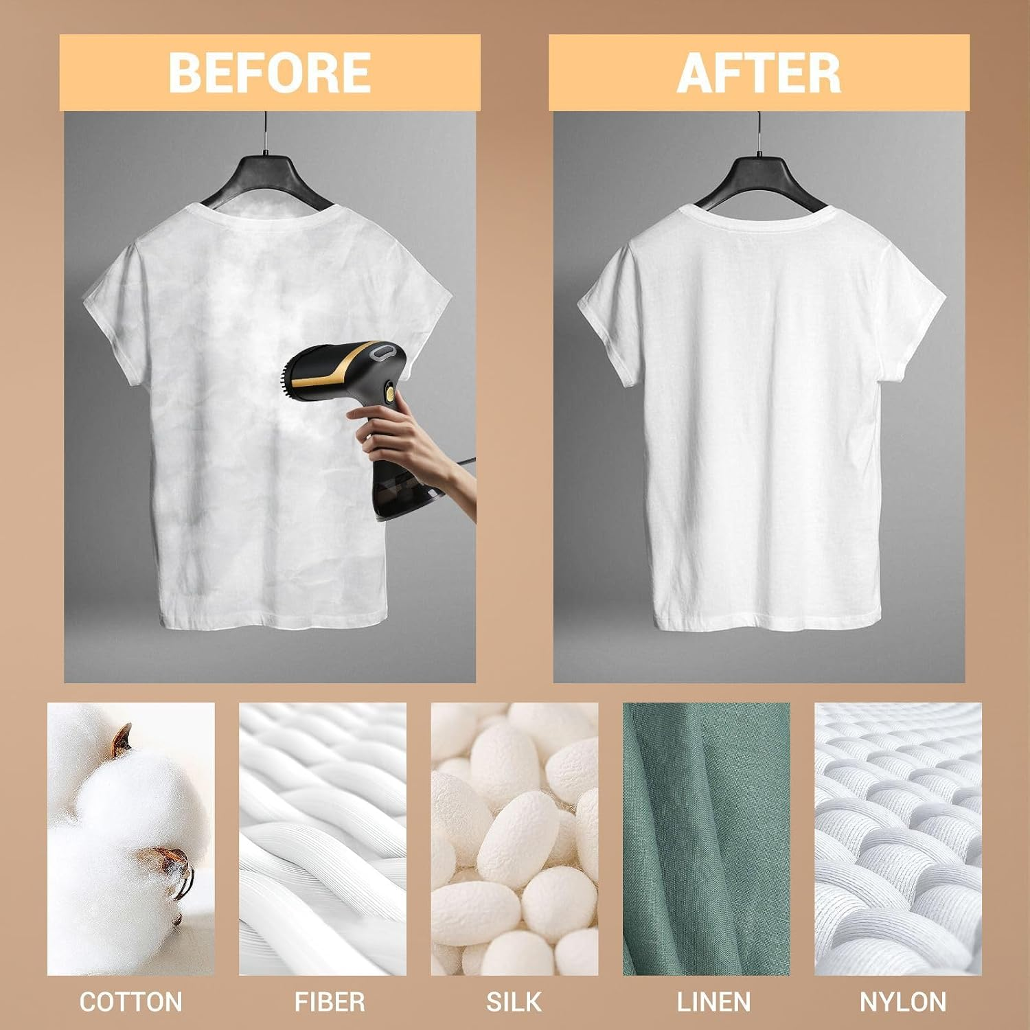 Vergleich eines verknitterten T-Shirts vor und eines glatten nach dem Dämpfen, mit verschiedenen Stoffmustern unten.