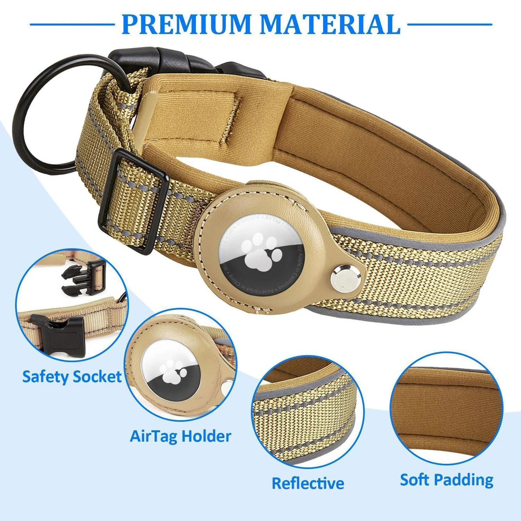 Beiges Hundehalsband mit AirTag-Halter, reflektierenden Streifen, Schnalle und weicher Polsterung.