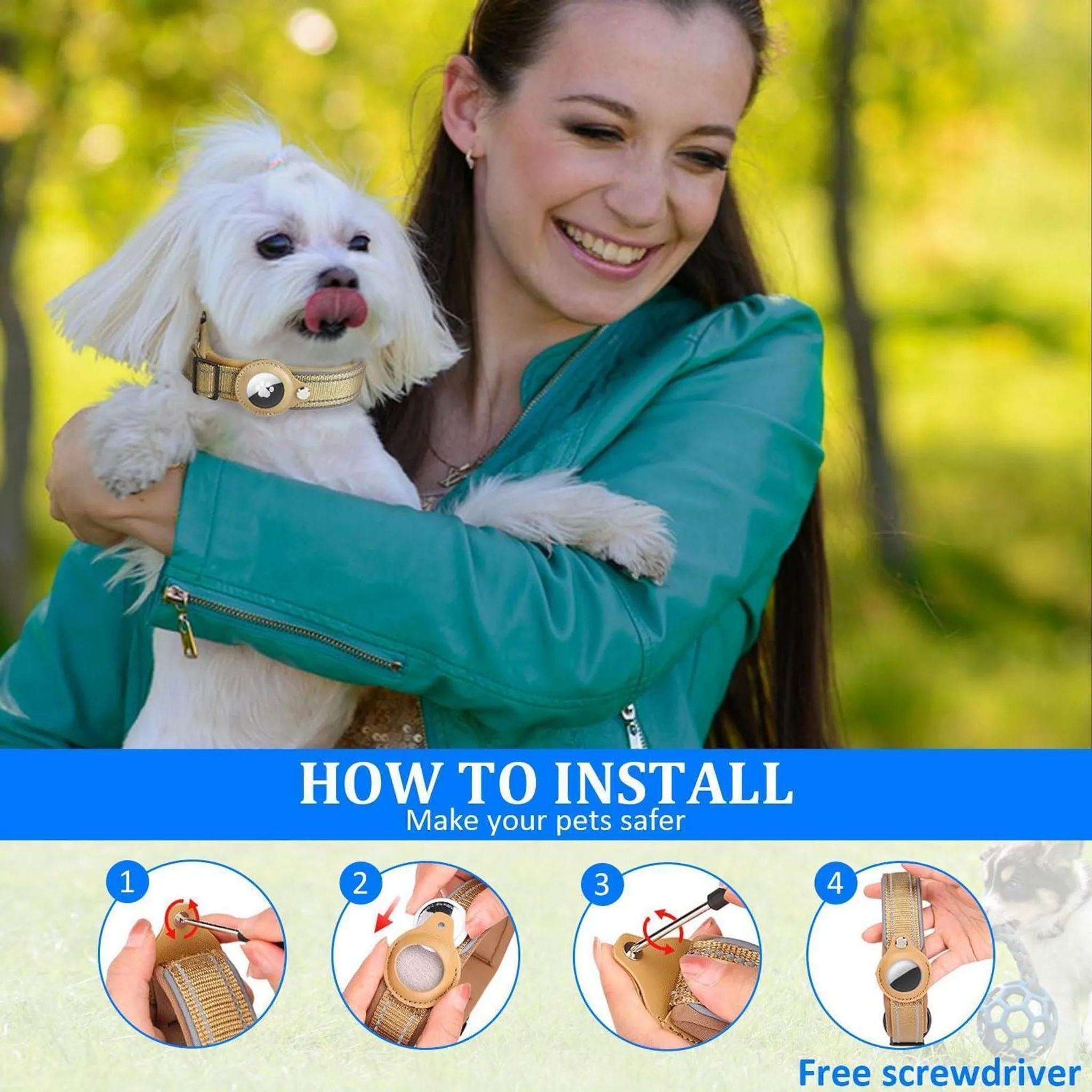 Eine lächelnde Frau hält einen weißen Hund mit Tracker-Halsband und vier Installationsschritten.