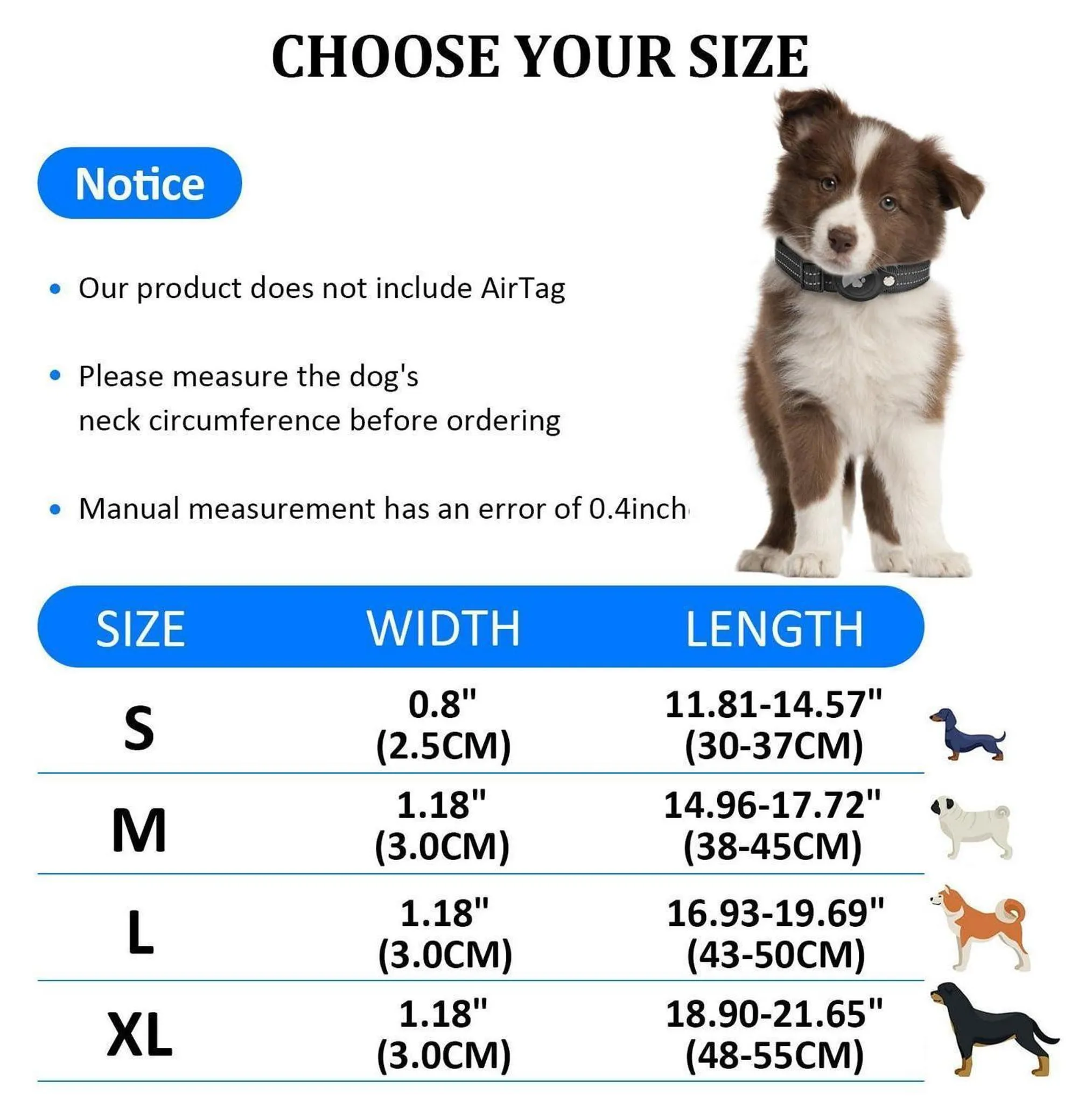 Größentabelle für Hundehalsbänder mit Maßen für S, M, L und XL, mit einem Welpen oben.