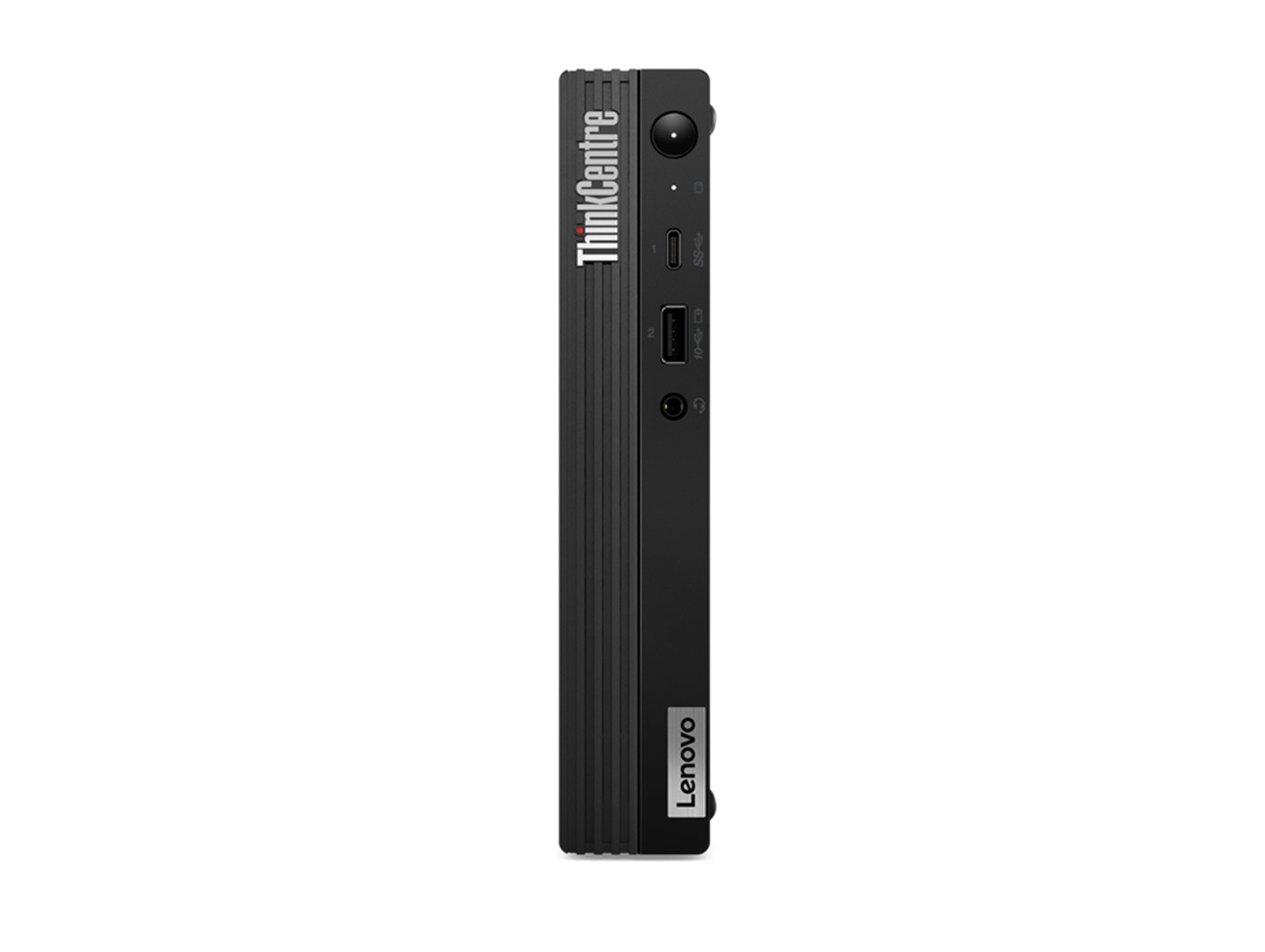 Vorderseite eines schwarzen Lenovo ThinkCentre Mini-PCs mit Power-Knopf, USB-C, USB und Audioanschlüssen.