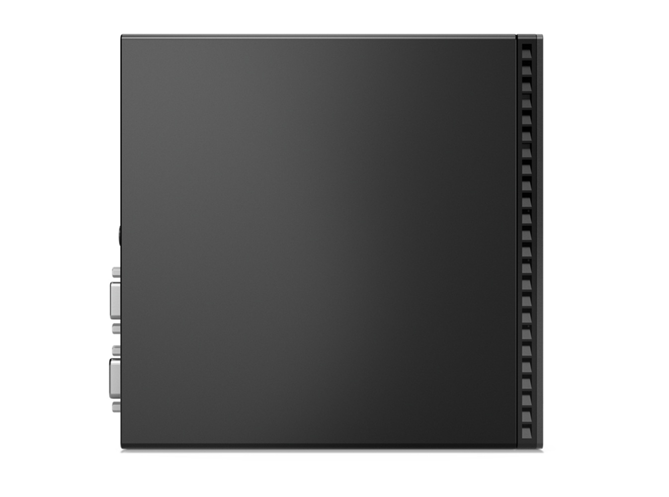 Ein schwarzer Mini-PC mit Lüftungsschlitzen an der Seite und Anschlüssen links.