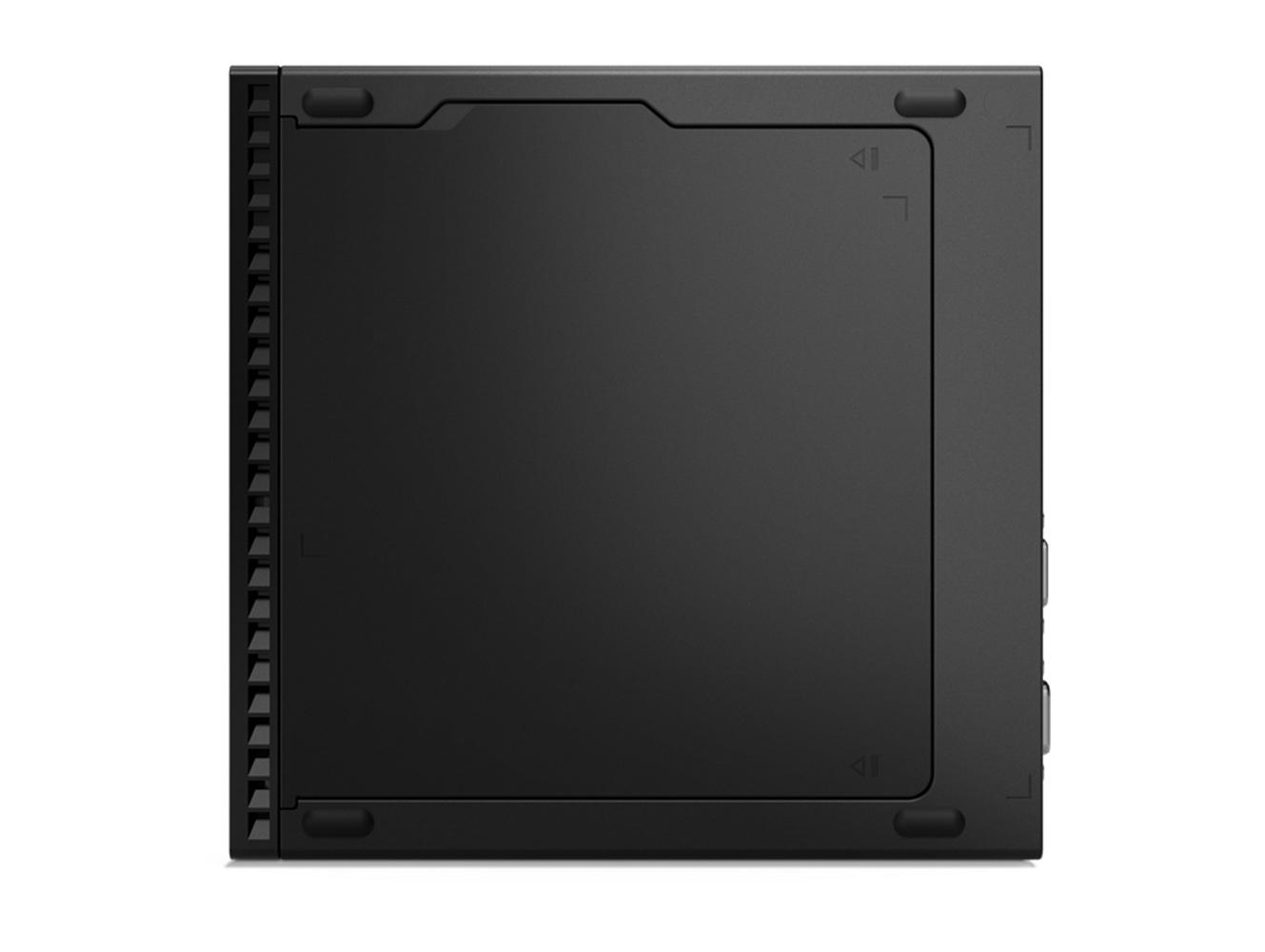 Schwarzes PC-Gehäuse von der Seite mit Lüftungsgittern und Gummifüßen.