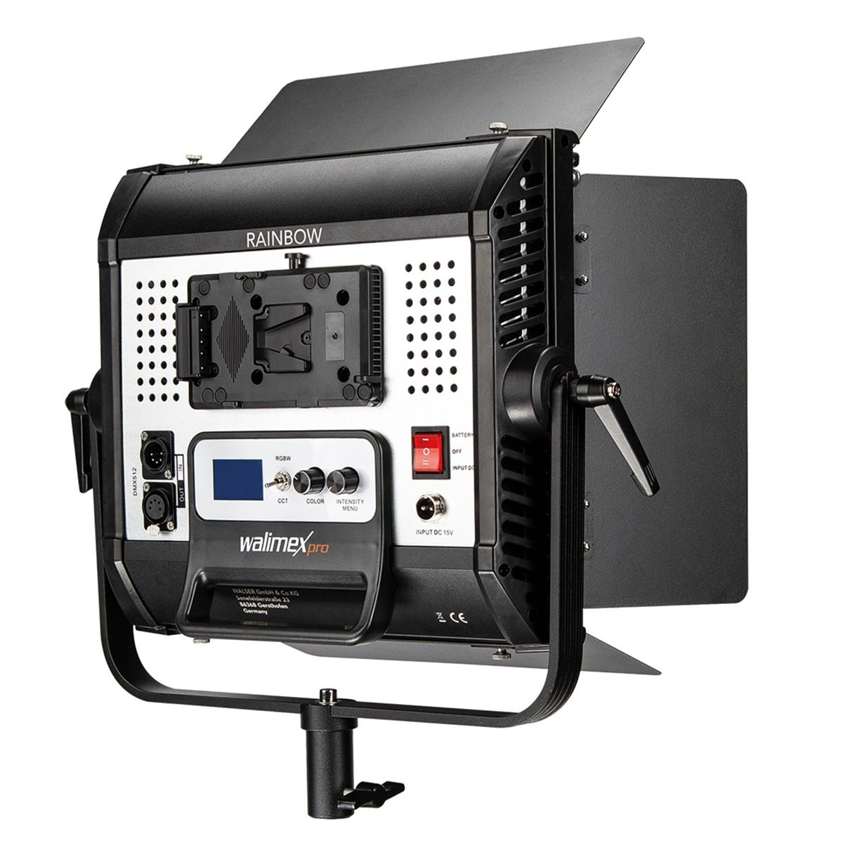 Rückseite einer schwarzen Walimex pro LED-Leuchte mit Bedienelementen, Display und V-Mount-Akkuplatte auf weißem Grund.