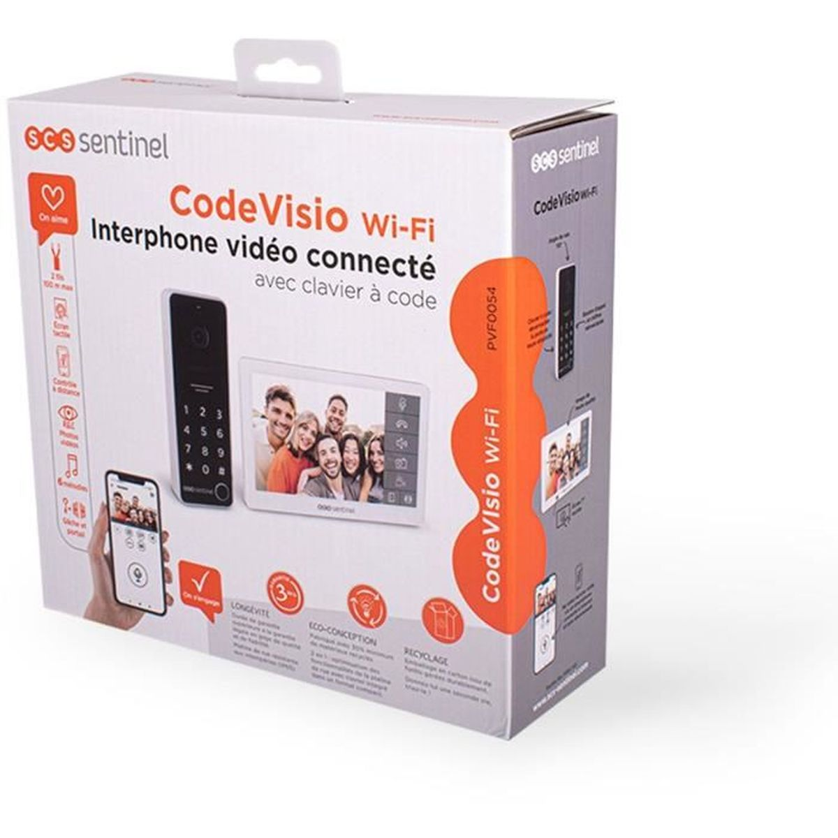 Verpackung der SCS Sentinel CodeVisio Wi-Fi Video-Gegensprechanlage mit Monitor und Keypad auf weißem Hintergrund.