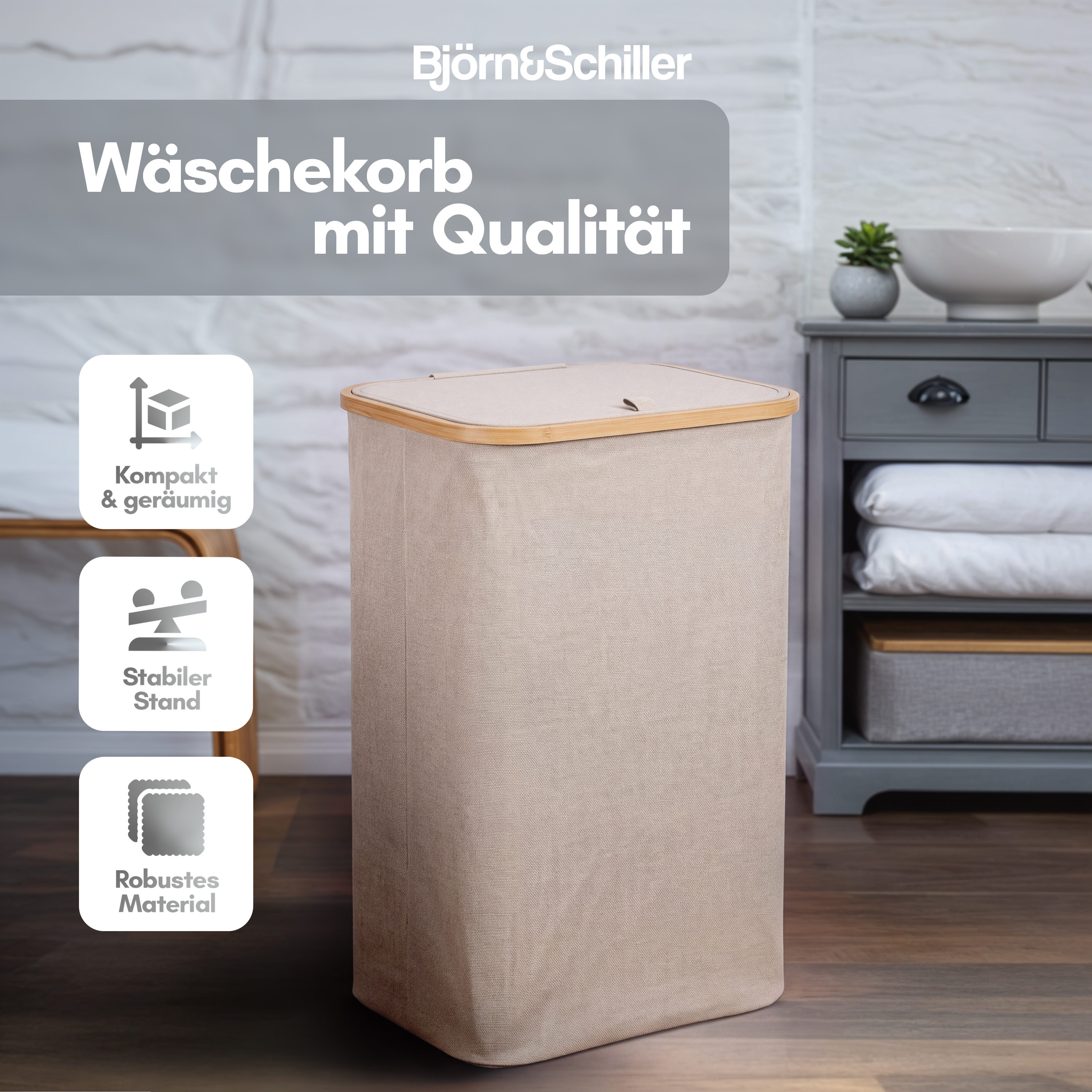 Beiger Wäschekorb mit Holzrand und Text über Qualität.