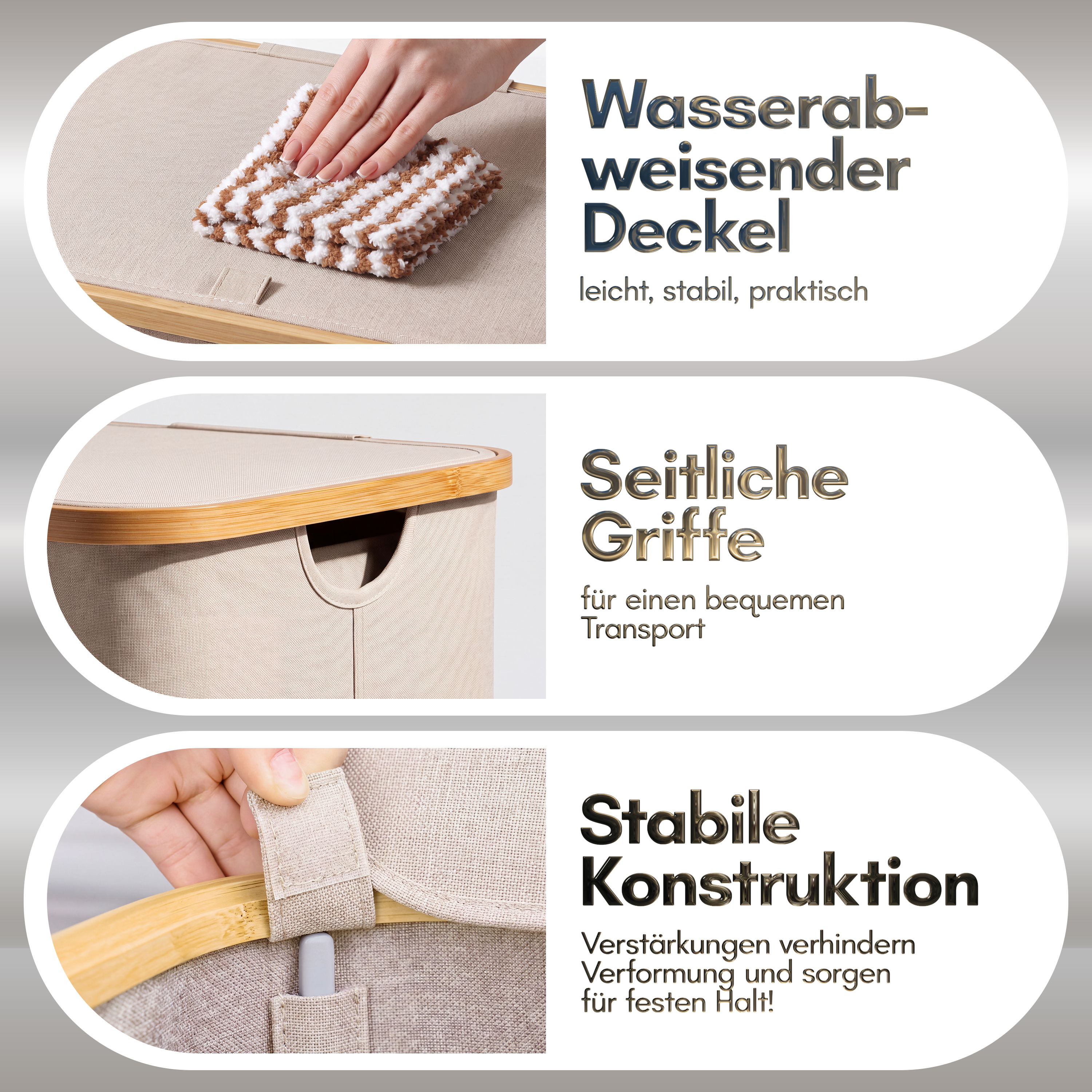 Drei Produktmerkmale eines beigen Wäschekorbs: wasserabweisender Deckel, Seitengriffe und stabile Konstruktion.