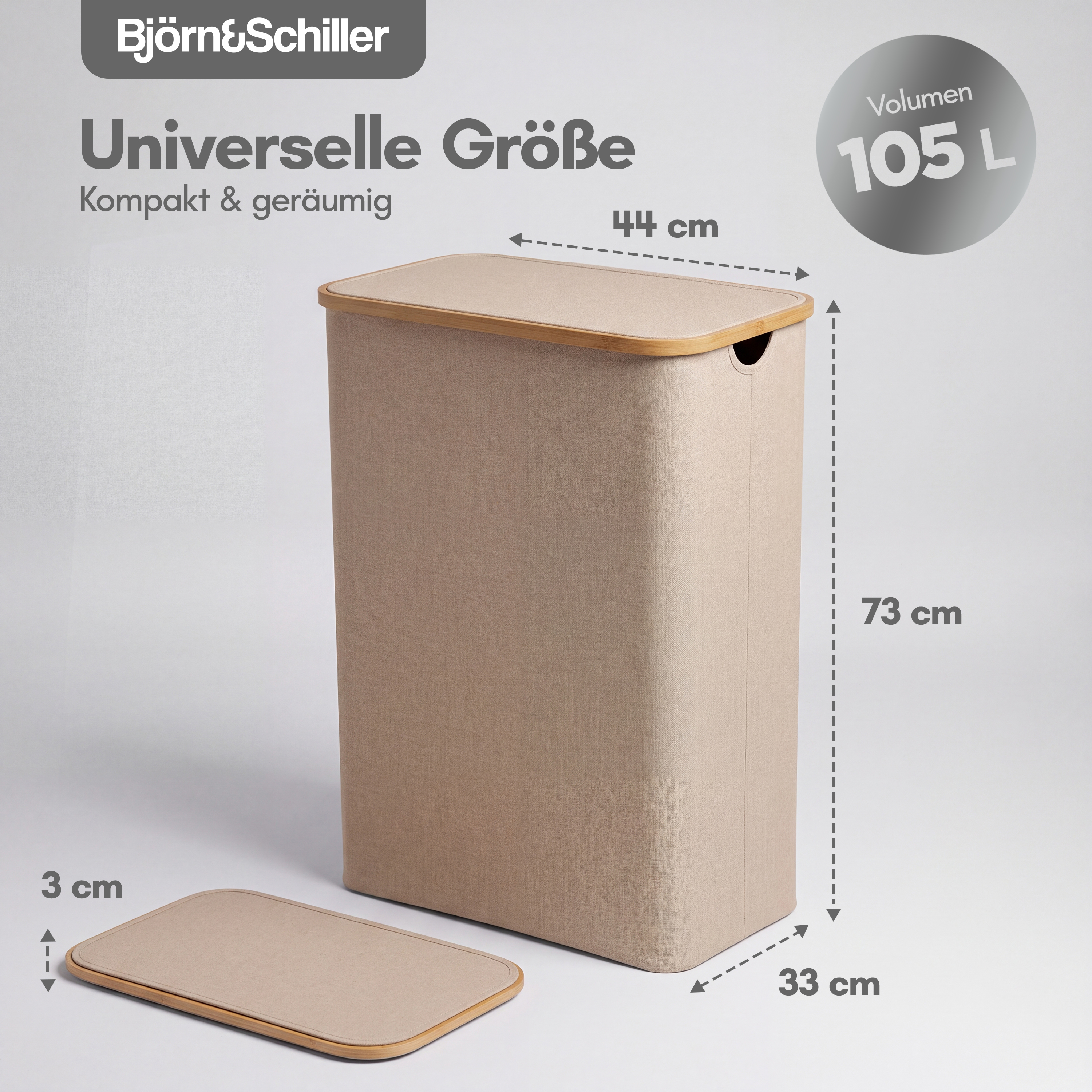 Beige Wäscheschachtel mit Bambusdeckel und Abmessungen: 44x33x73 cm, Volumen 105 Liter.