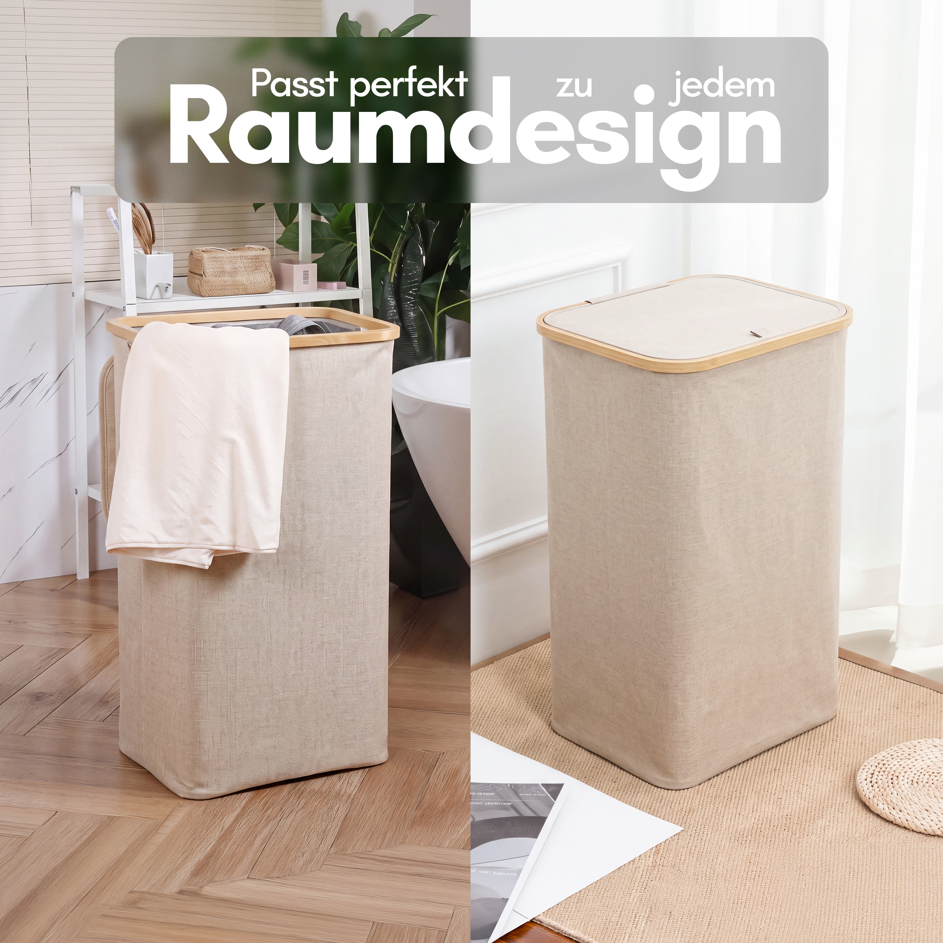 Beige Wäschesammler mit Bambusrahmen in modernem Badezimmer, mit Handtuch behängt.