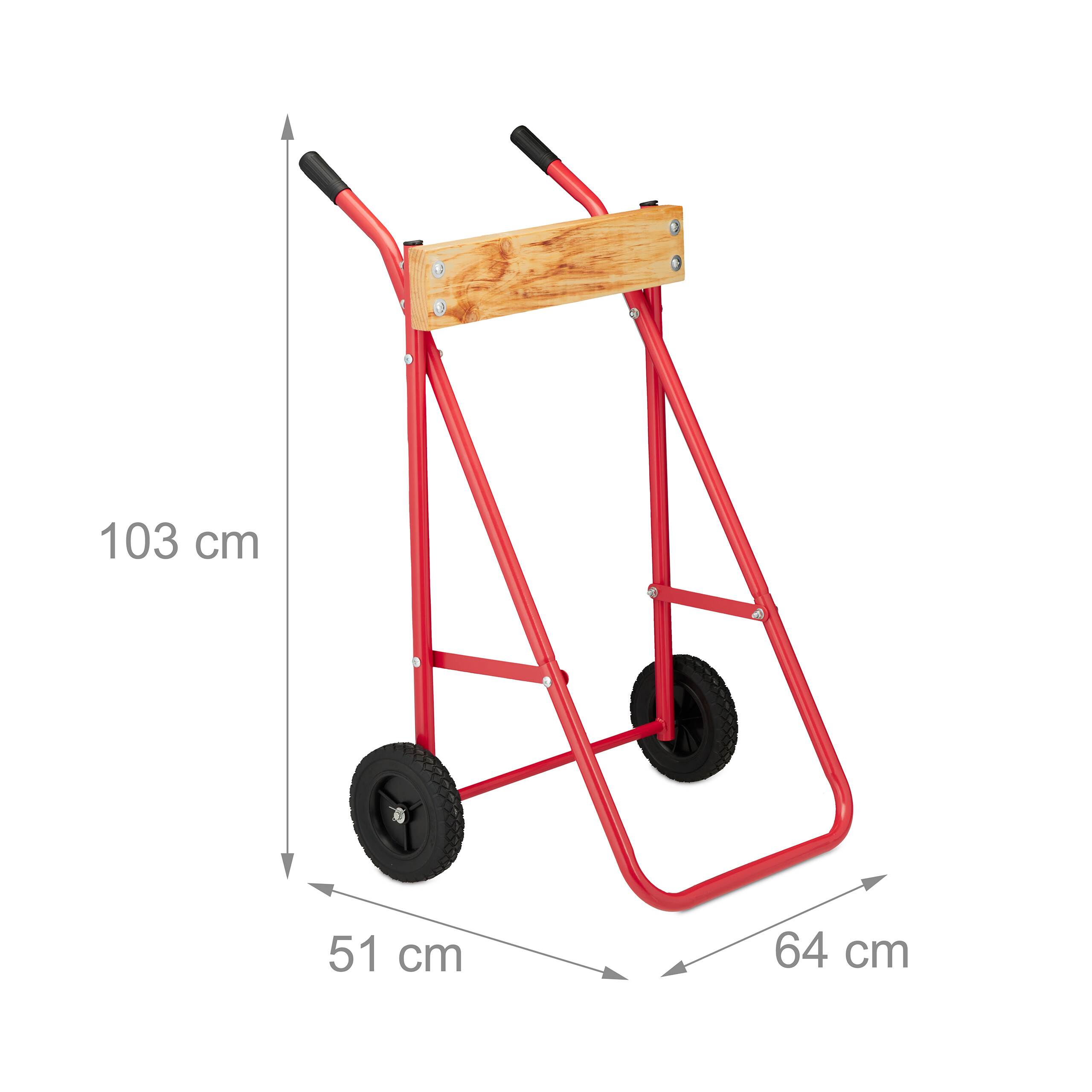 Eine rote Motorrad-Rangierhilfe mit Holzauflage, zwei Rädern und Maßangaben in cm.