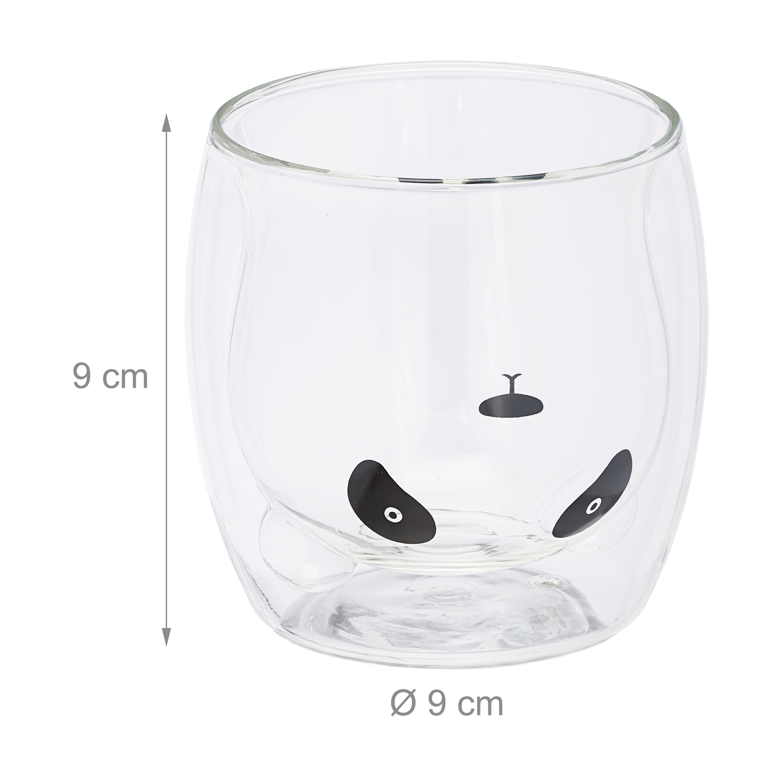 Doppelwandiges Glas mit Panda-Gesicht, Höhe 9 cm und Durchmesser 9 cm auf weißem Grund.