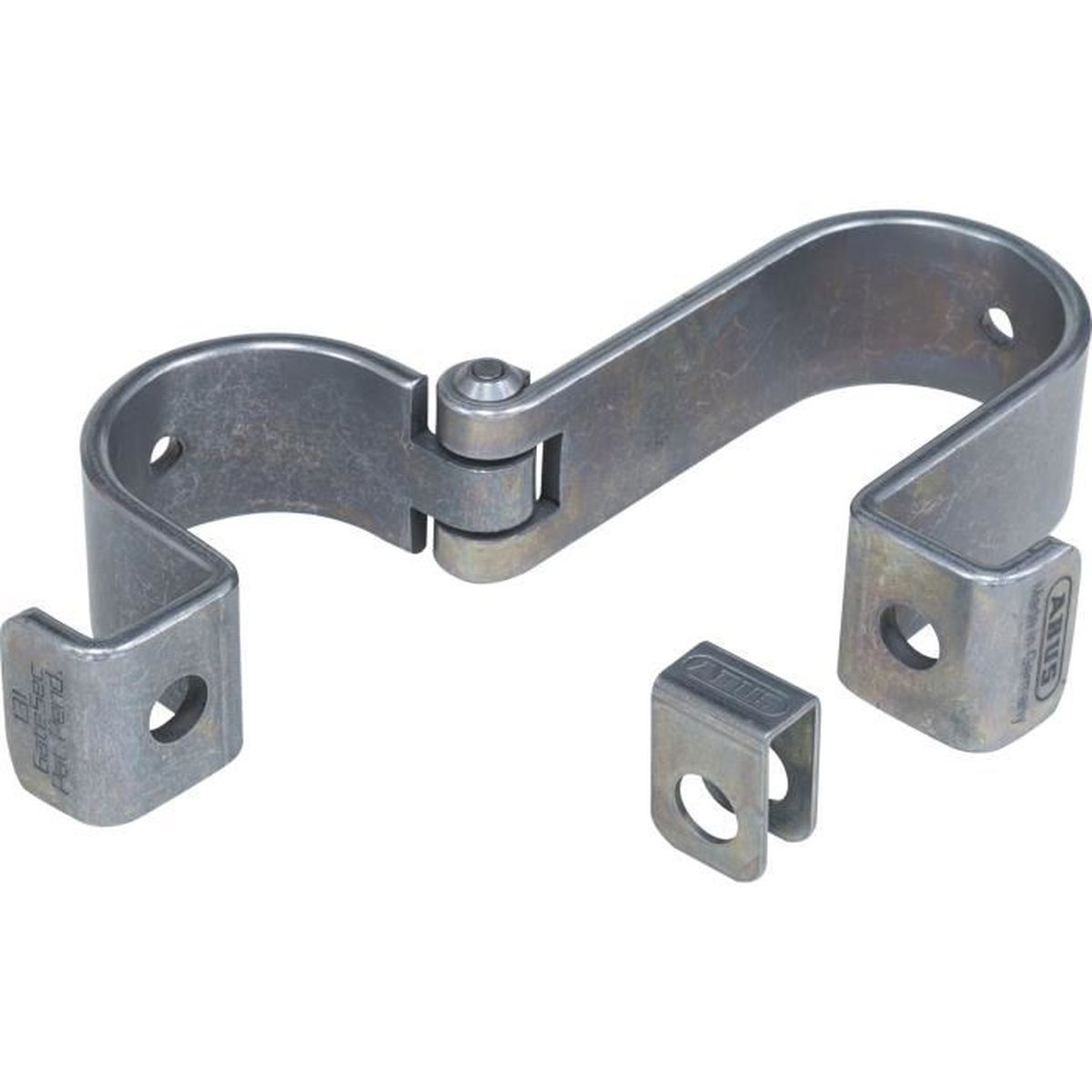 Metallbeschlag mit Scharnier und separater Halterung auf hellem Hintergrund.