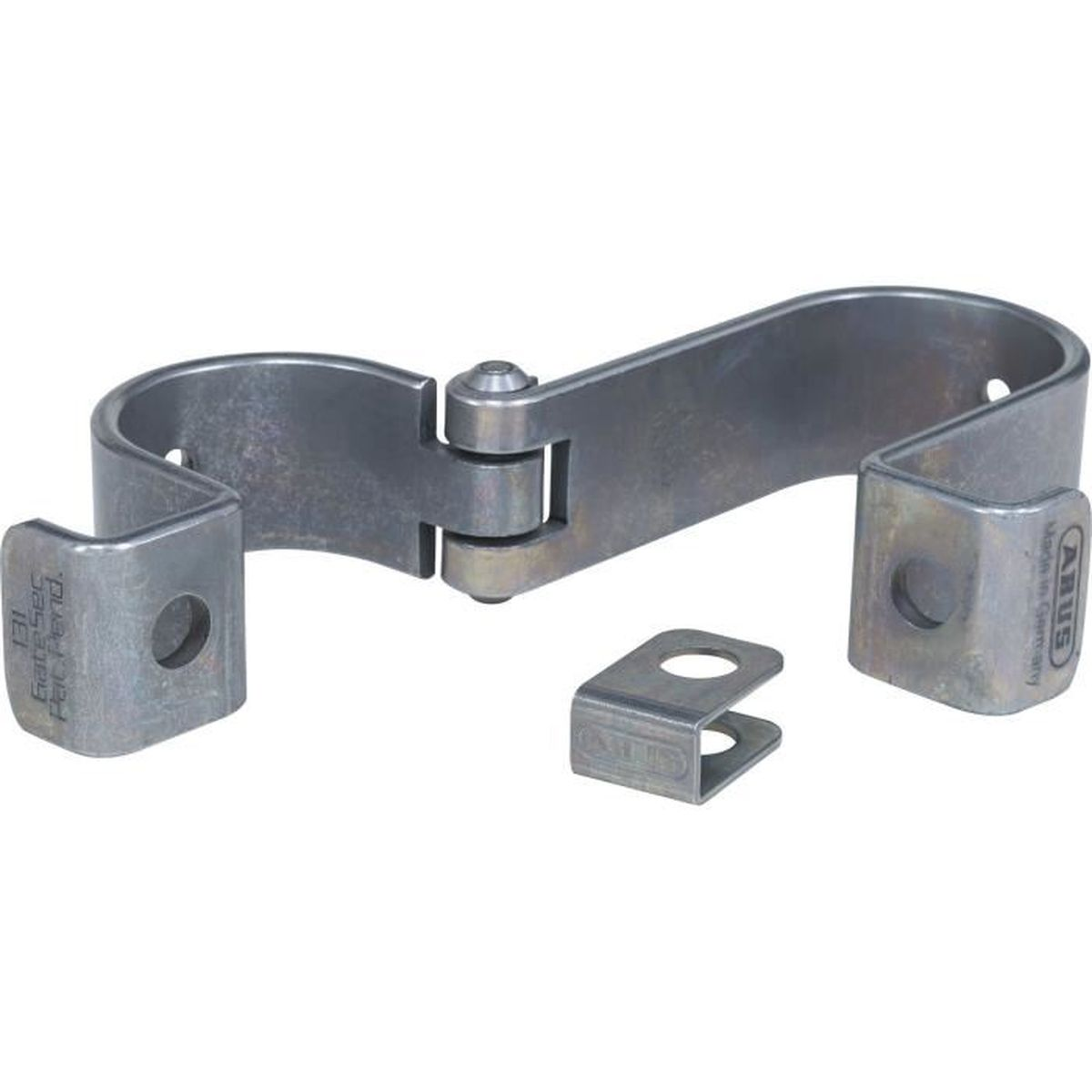 Metall-Gartentorverriegelung mit Scharnier und separatem kleinen Haltebügel auf weißem Hintergrund.