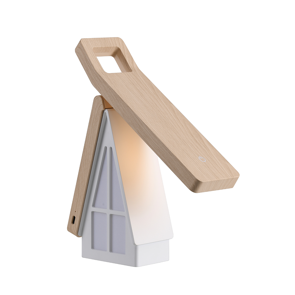 Moderne dreieckige Tischlampe aus Holz und weißem Kunststoff mit Griff.