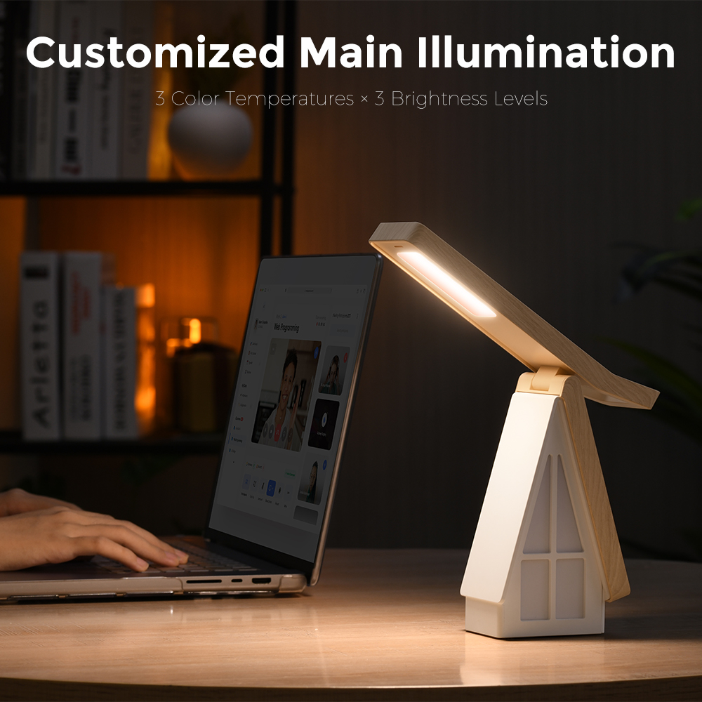 Eine Schreibtischlampe aus Holz steht neben einem Laptop mit Videoanruf, im Hintergrund Bücher.