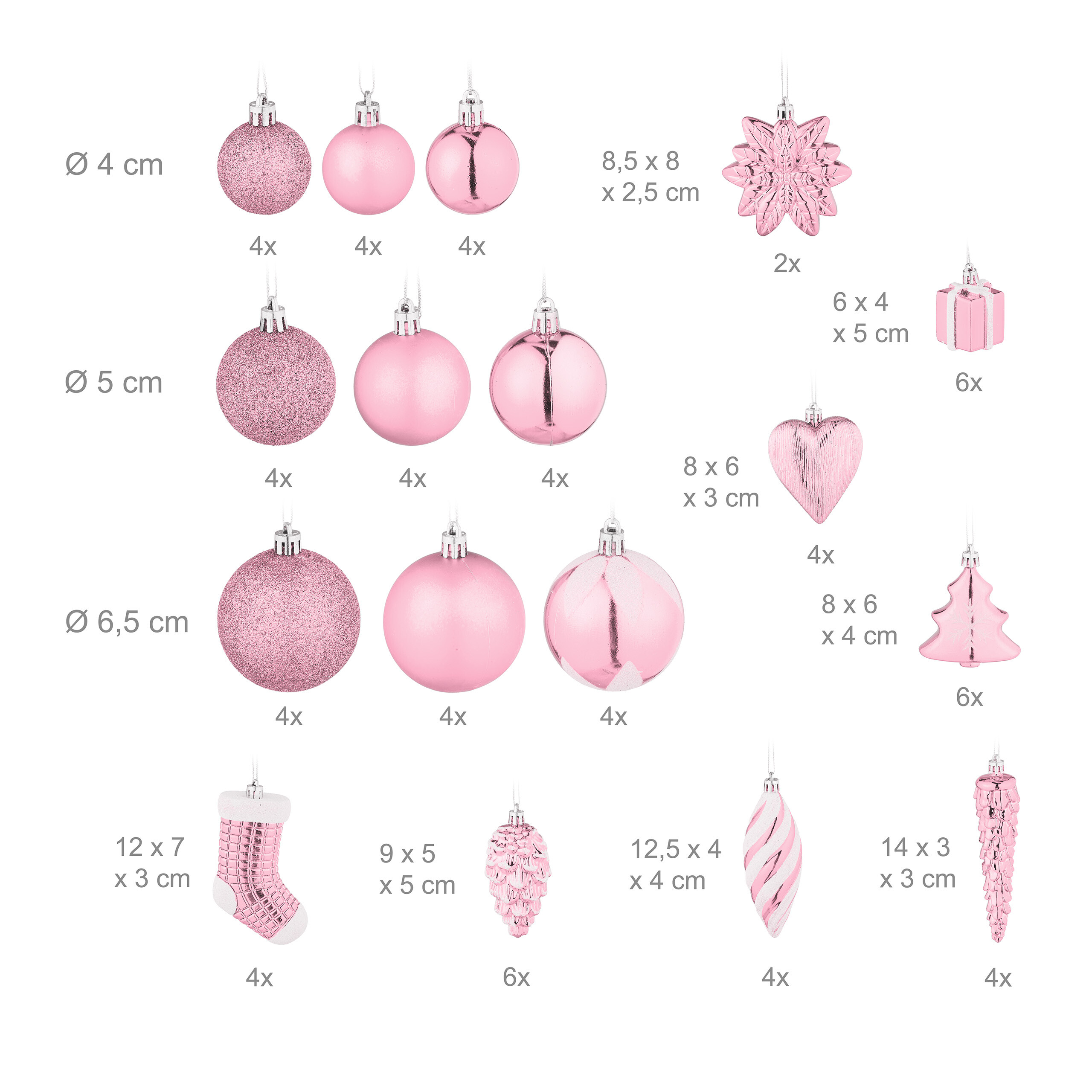 Verschiedene rosa Weihnachtskugeln und Ornamente mit Größenangaben und Stückzahlen auf weißem Hintergrund.