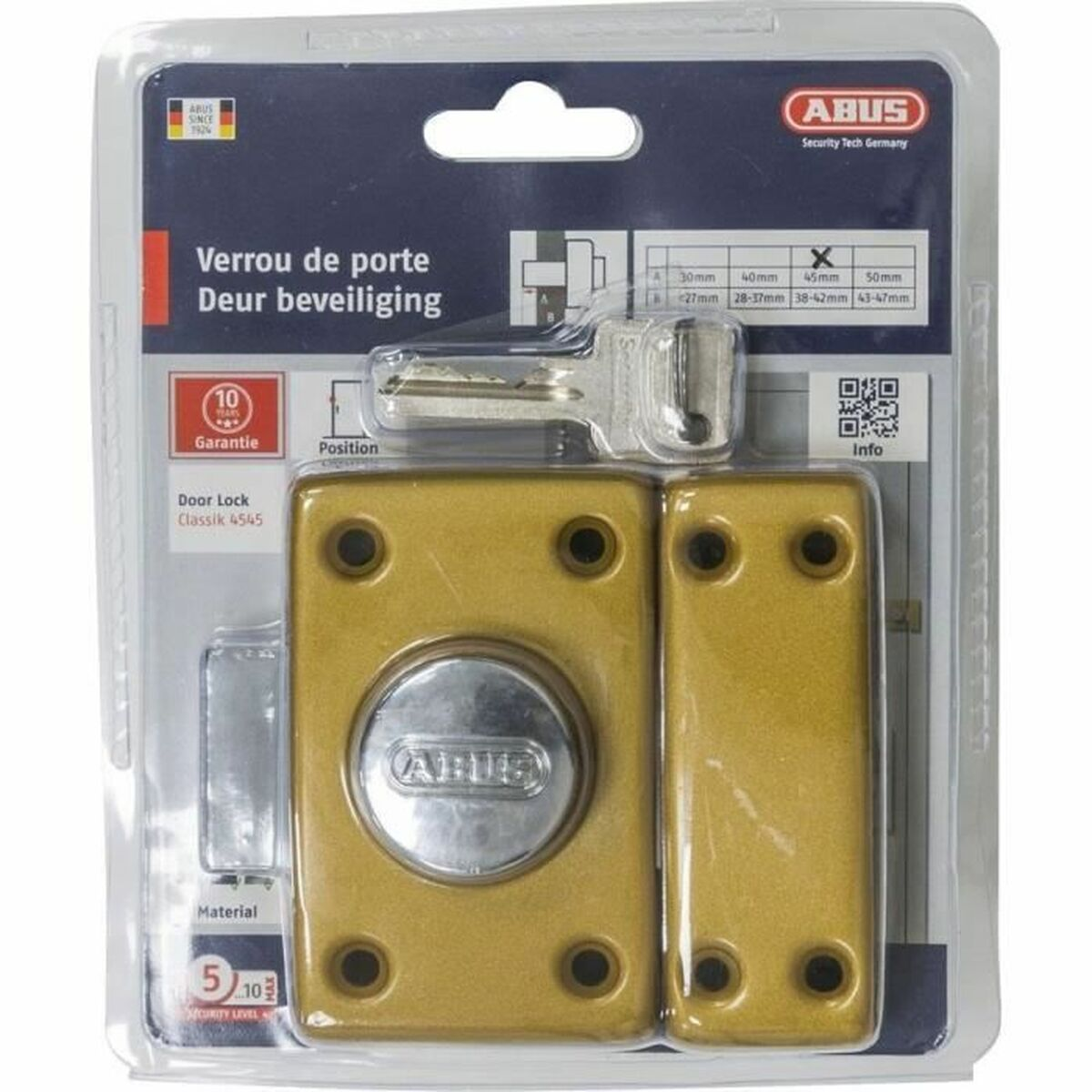 Goldfarbenes ABUS Türschloss Classic 4545 in Blisterverpackung mit Schlüsseln und Montagezubehör.
