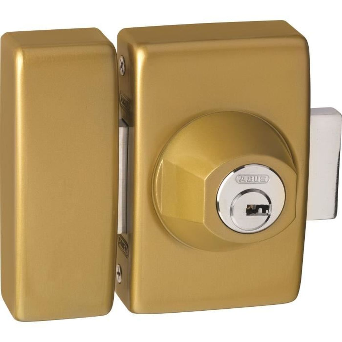 Goldfarbenes Abus-Türschloss mit Zylinder und Riegel auf weißem Hintergrund.