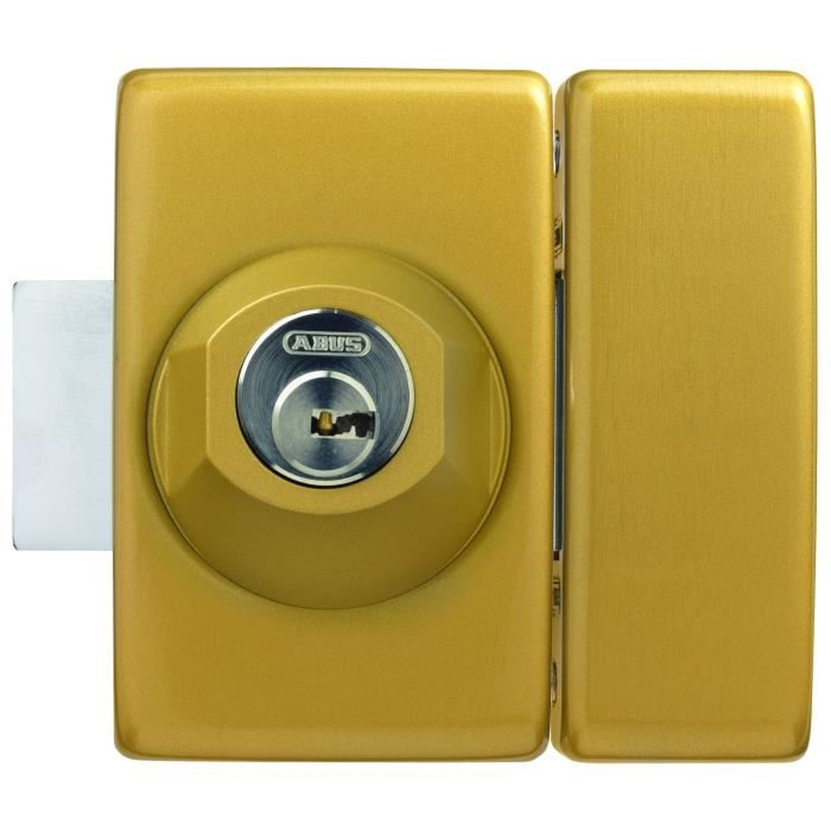 Ein goldenes ABUS Türschloss mit silbernem Zylinder und ausgefahrenem Riegel.