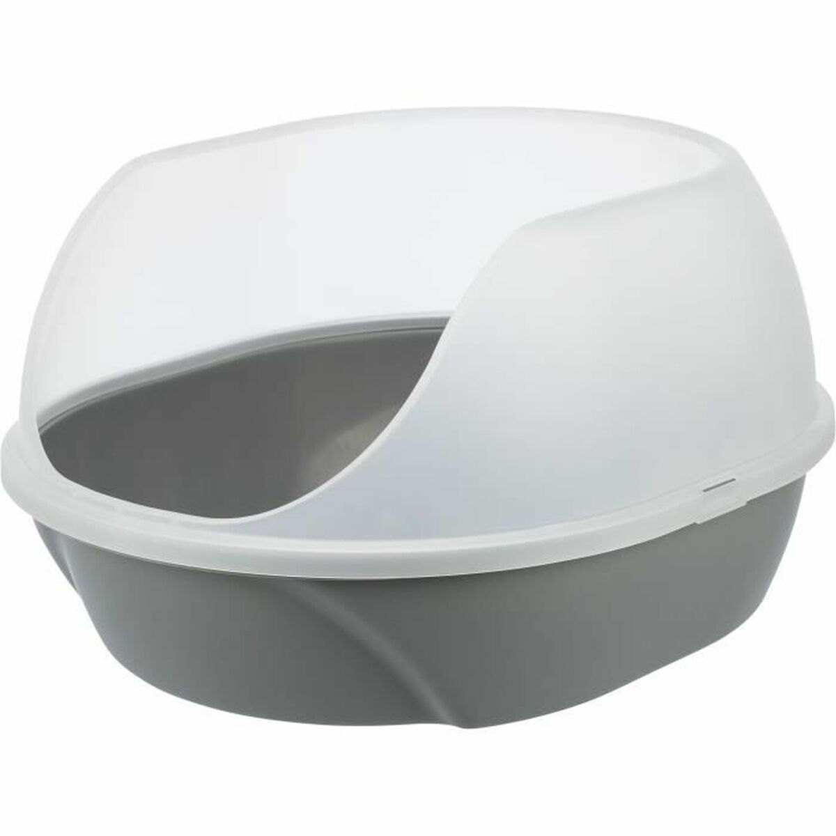 Eine graue Katzentoilette mit einer hohen, transparenten Schutzhaube gegen Herausspritzen.