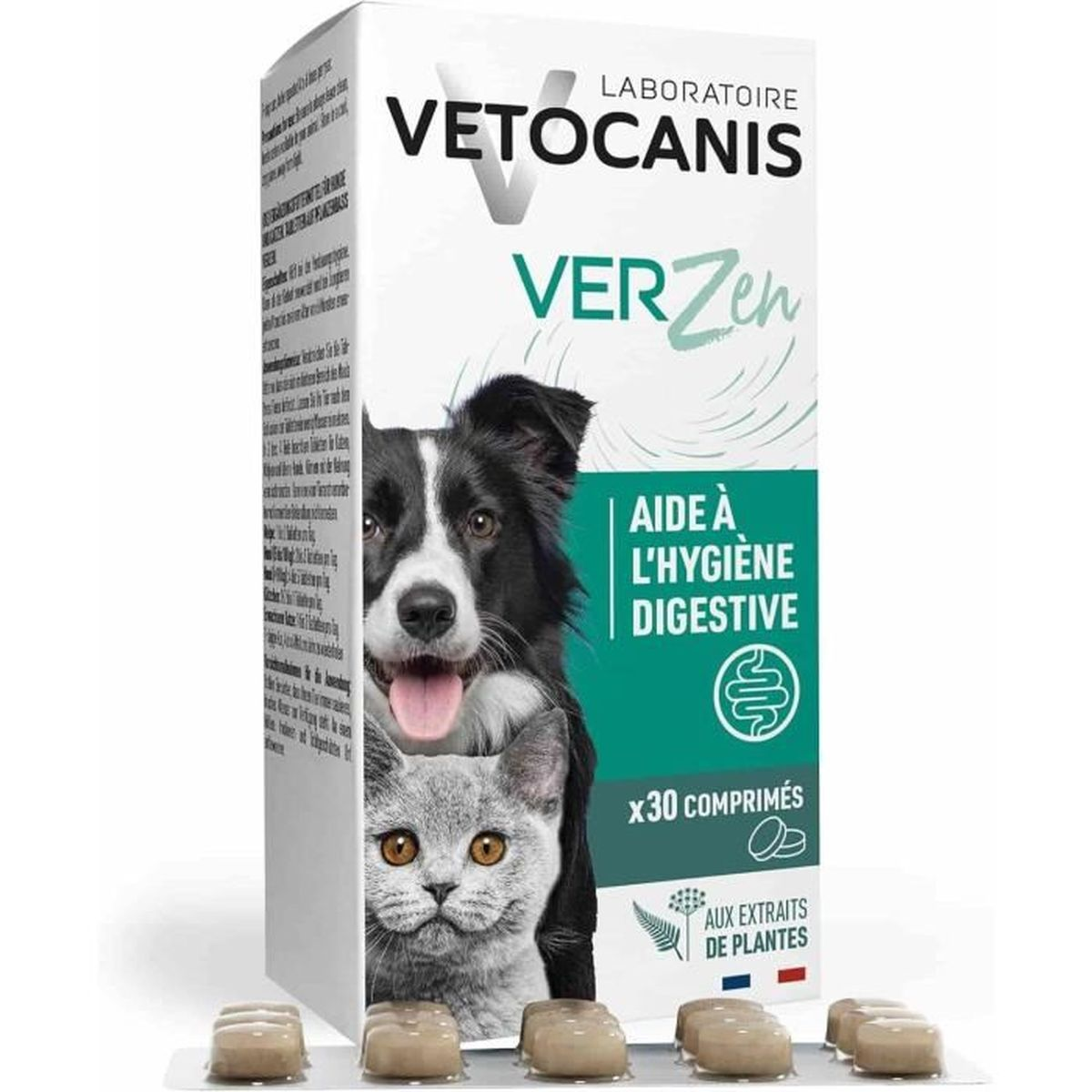 Produktverpackung von Vetocanis Verzen mit einem Hund und einer Katze, davor liegende Tabletten.