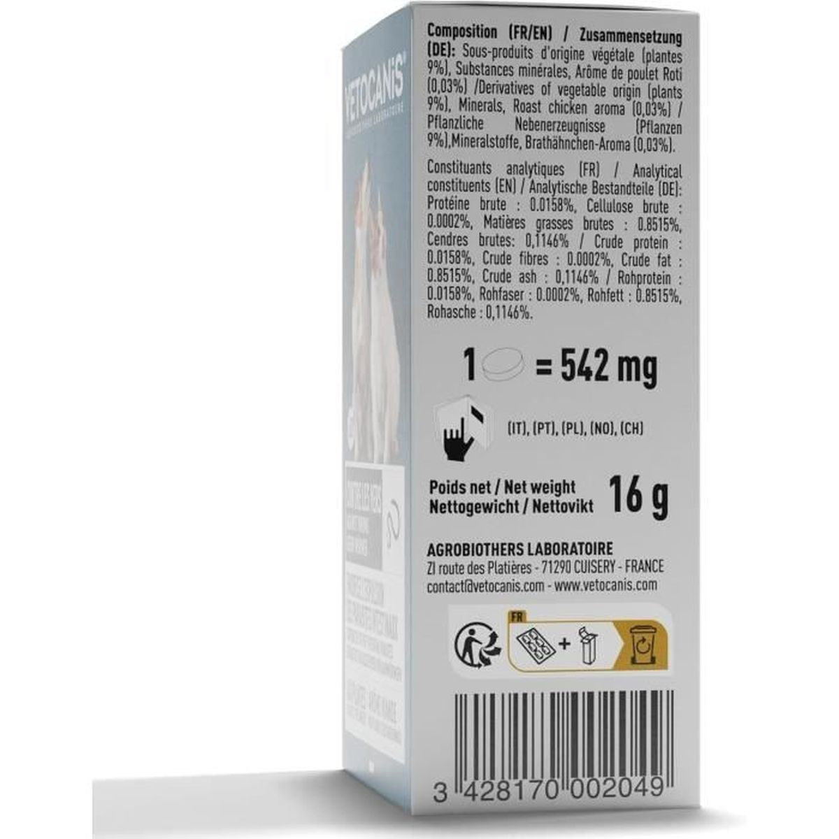 Produktverpackung mit Text, Inhaltsstoffen und Barcode in Nahaufnahme.