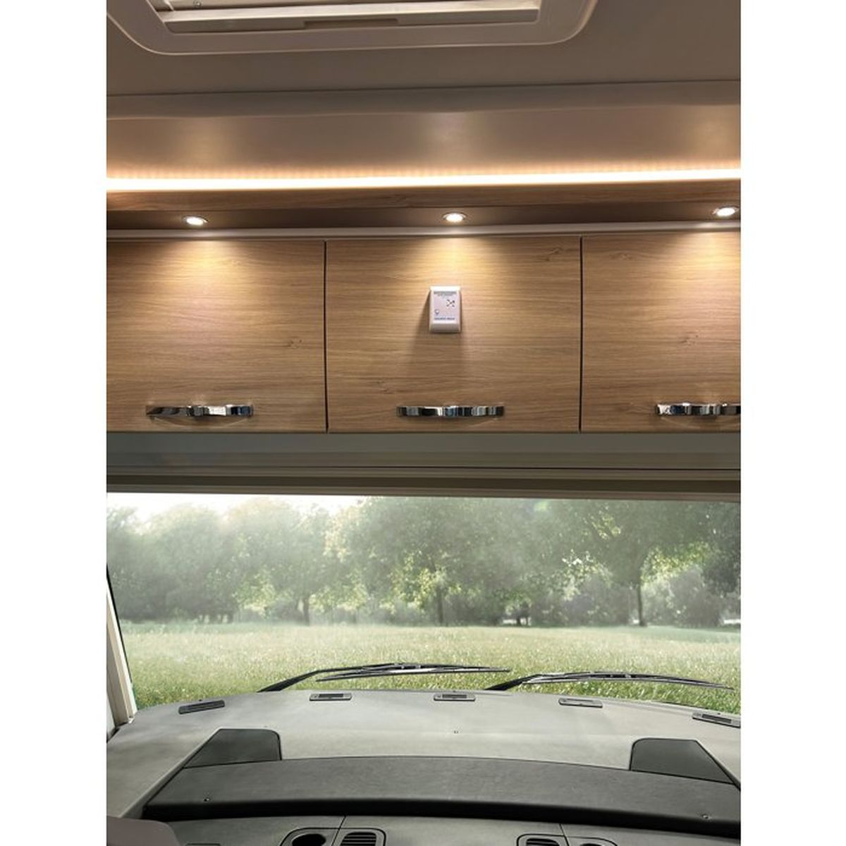 Wohnmobil-Innenraum mit holzfarbenen Hängeschränken, LED-Leuchten und Blick durch die Windschutzscheibe ins Grüne.