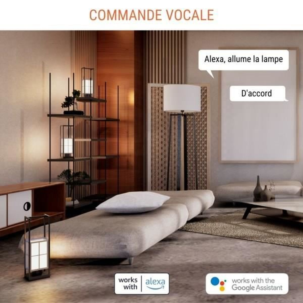 Moderne Wohnzimmerszene mit Sprachsteuerung und kompatiblen Smart-Home-Assistenten.