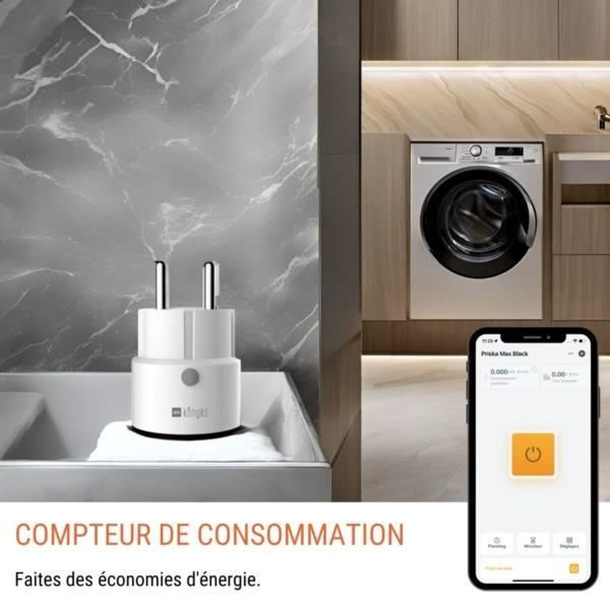 Intelligenter Energiezähler an der Wand mit Smartphone-App-Steuerung, neben einer Waschmaschine.