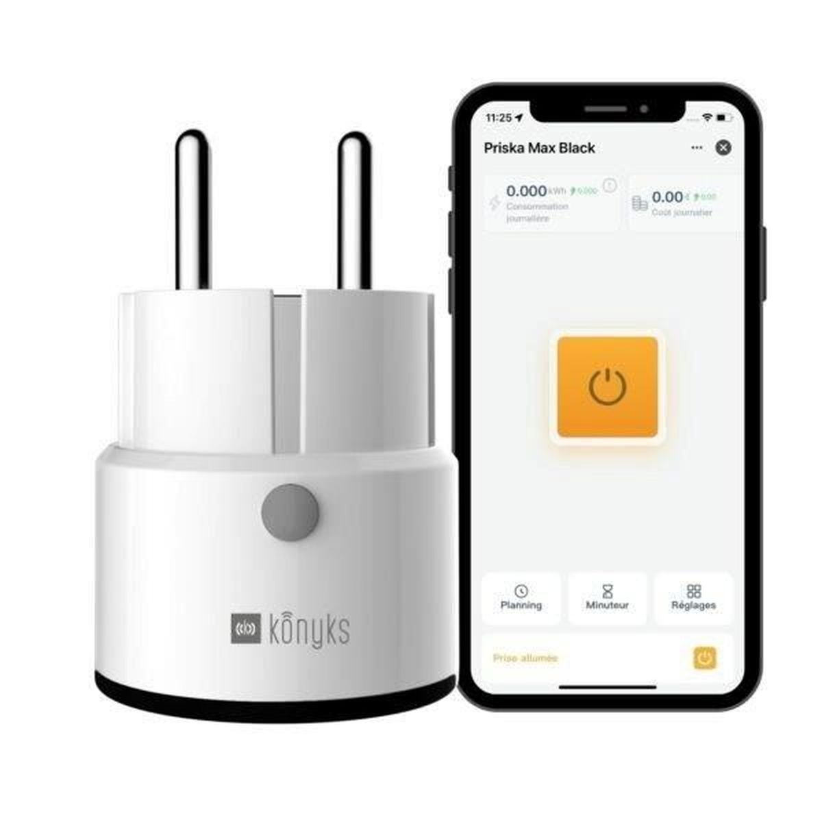 Ein weißer Smart Plug neben einem Smartphone mit passender App-Oberfläche und Steuerung.