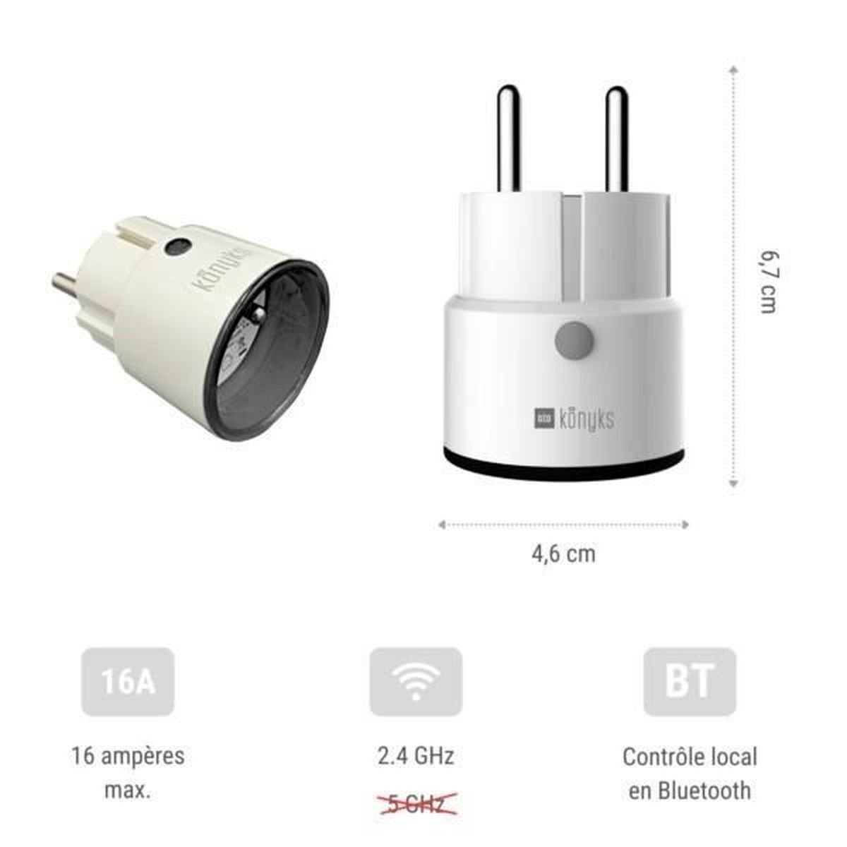 Weißer intelligenter Stecker mit Maßangaben 6,7x4,6 cm, 16A, 2,4 GHz und Bluetooth.