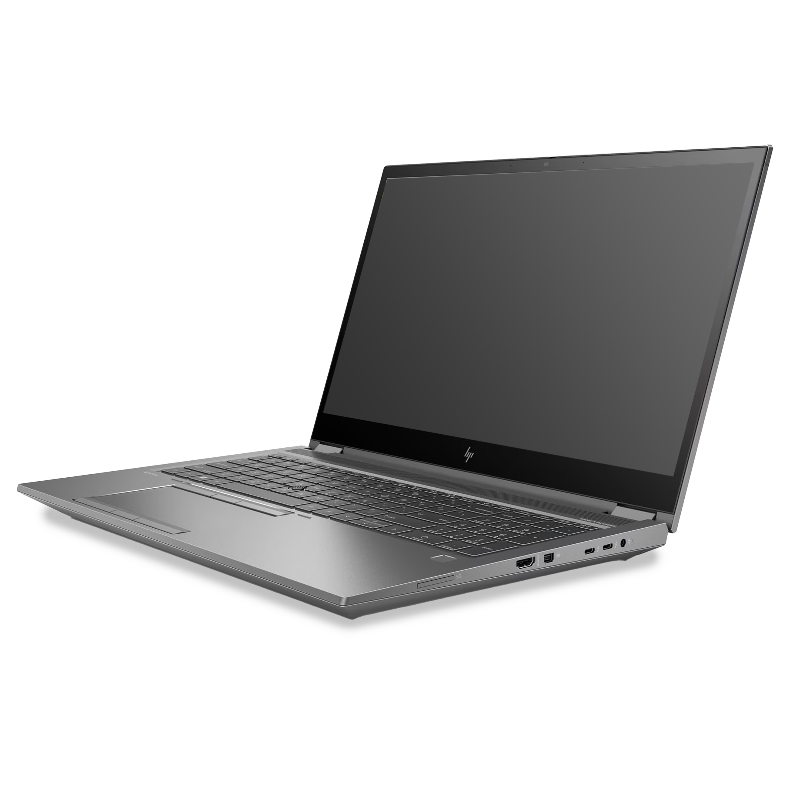 Ein grauer Laptop auf weißem Hintergrund, seitlich geöffnet mit schwarzem Bildschirm.