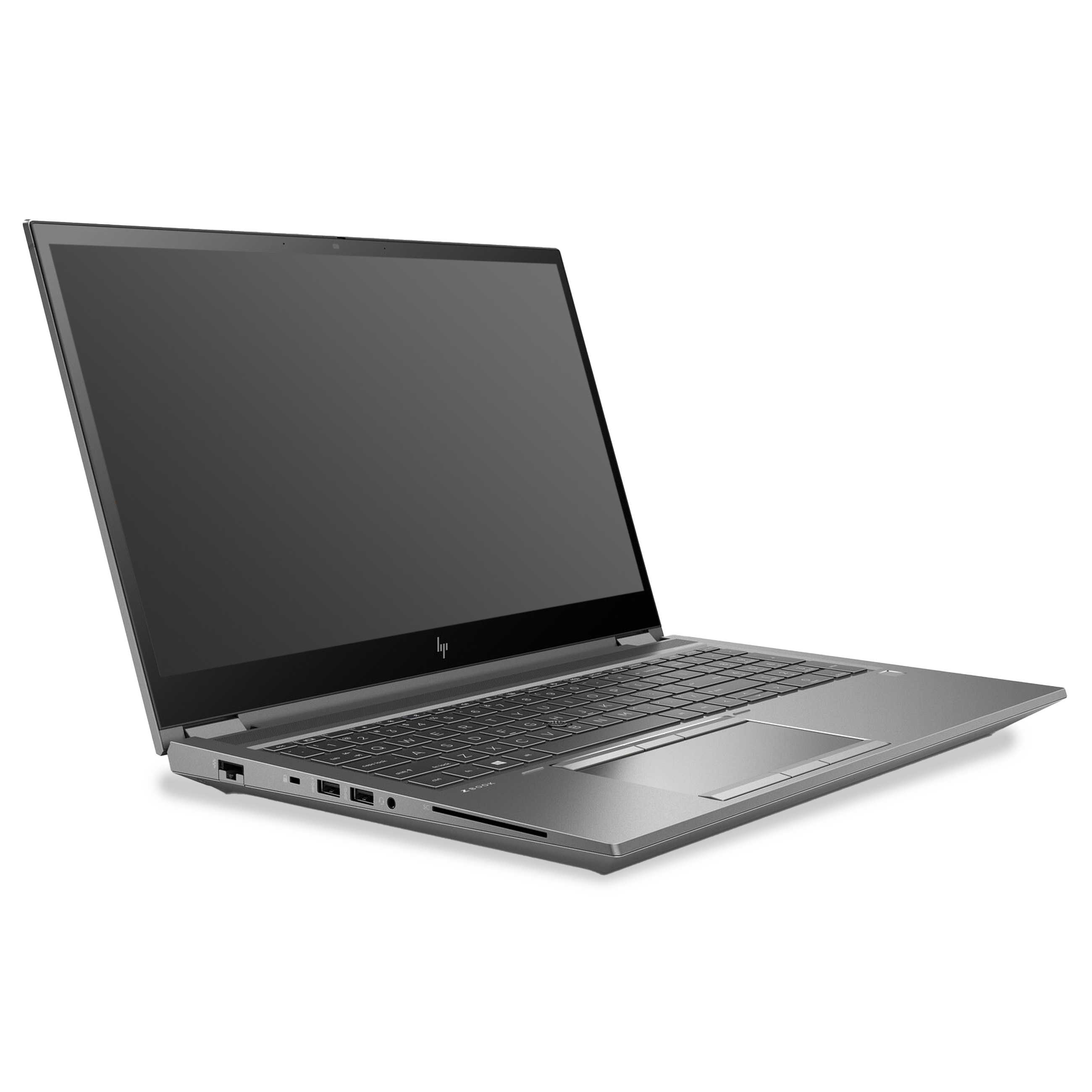 Ein grauer Laptop steht auf weißem Hintergrund, Bildschirm und Tastatur sind gut sichtbar.