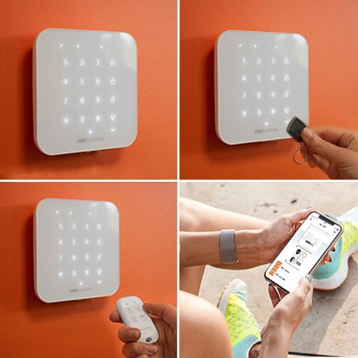 Ein weißes Tastenfeld an einer orangen Wand, bedient mit Schlüsselanhänger, Fernbedienung und Smartphone.