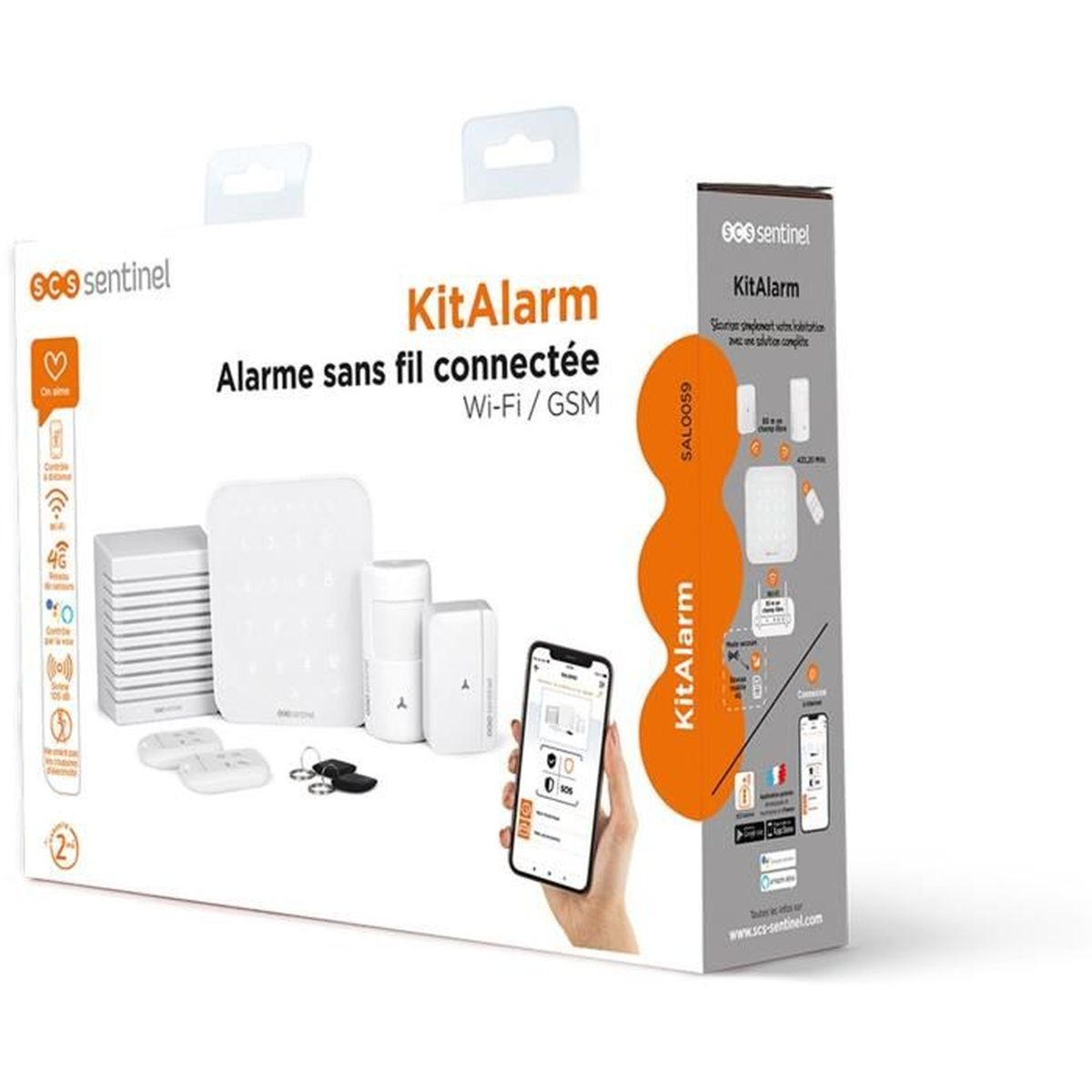 Produktverpackung für SCS Sentinel KitAlarm, eine kabellose, vernetzte Alarmanlage mit Zubehör.